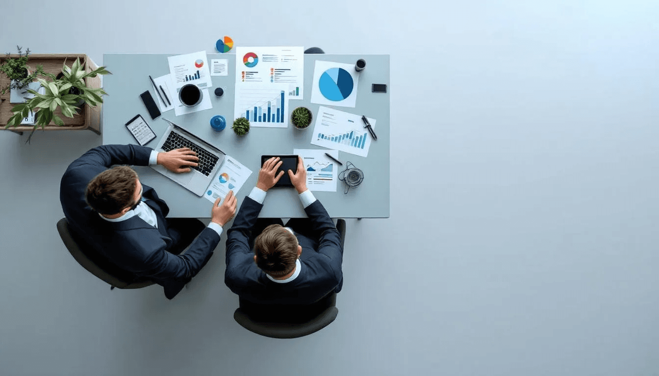 A person assessing their financial situation with various documents and a financial advisor.