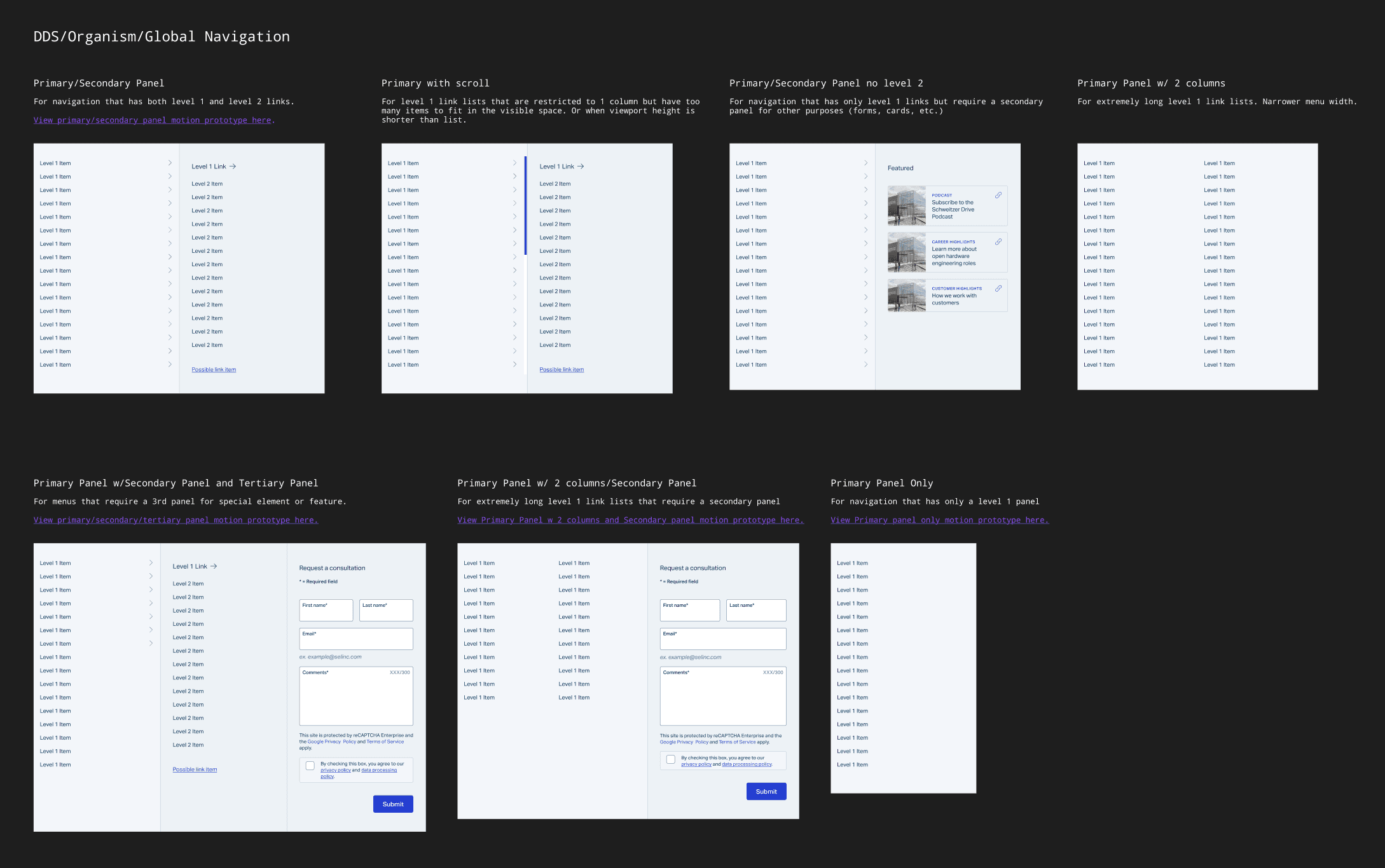A figma file view of different configurations in the menu UI patterns