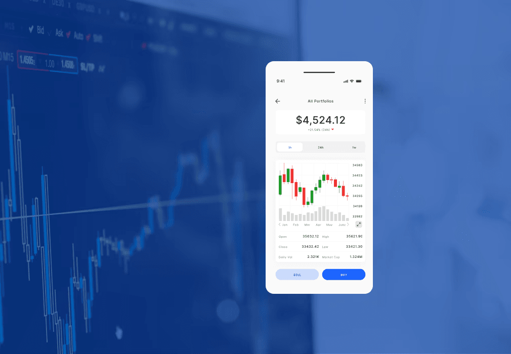 Mobile portfolio monitoring interface displaying real‑time performance charts and balance data, illustrating a mobile‑first portfolio management system for institutional trading.