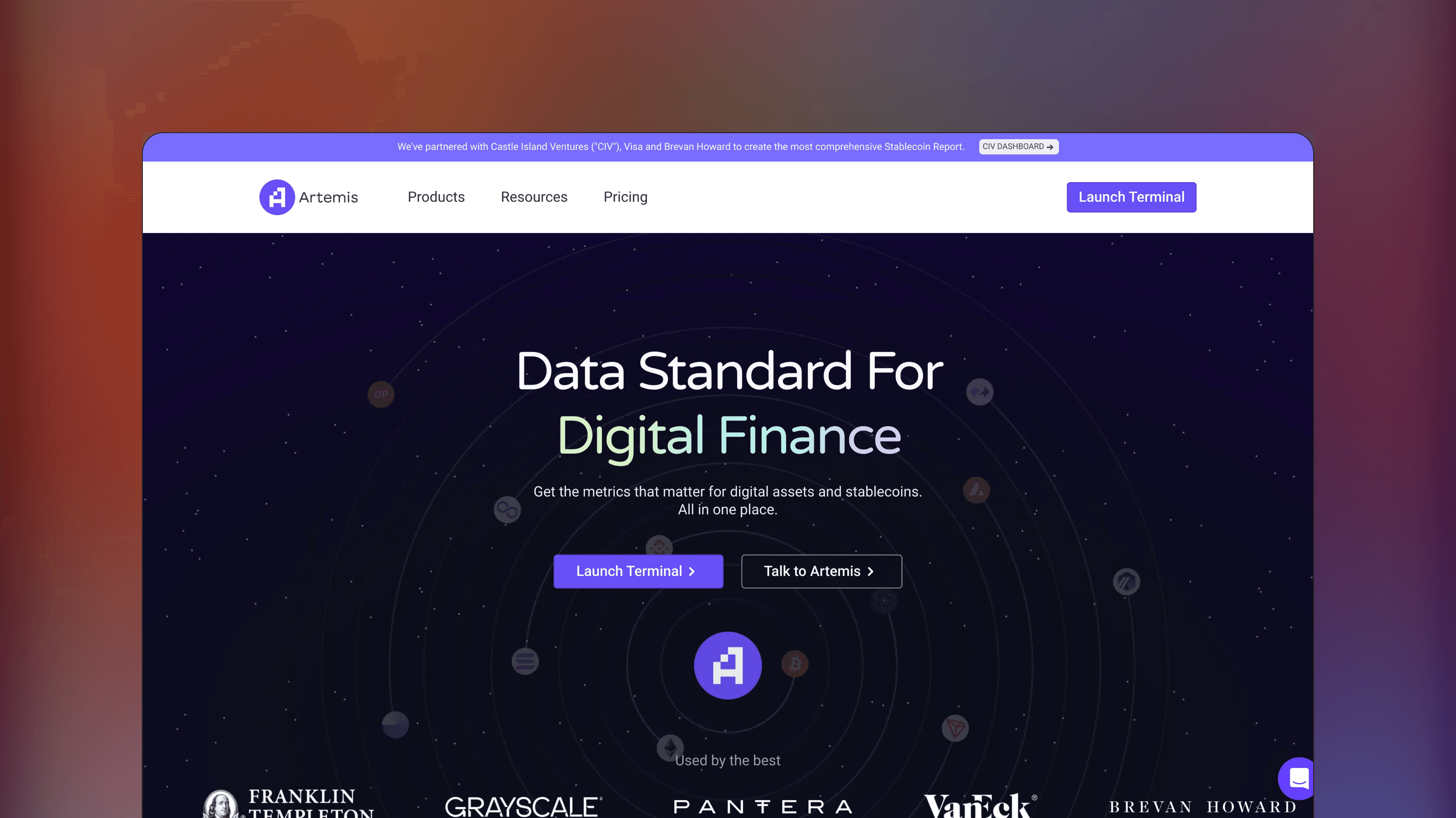 Website preview of Artemis, trade analytics crypto platform featuring metrics for developer activity and transaction counts across blockchain ecosystems.