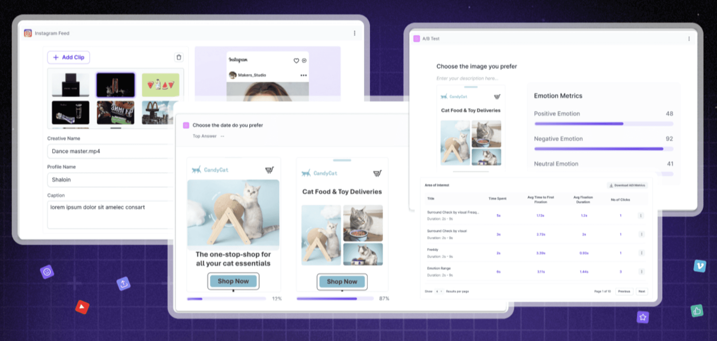 Multiple futuristic purple UI screens from the Decode platform showcase ad analysis tools, including upload options for images and videos, emotion metrics for faces, pet food ad creatives featuring cats, upload progress bars, and dashboard tables with performance data. ​