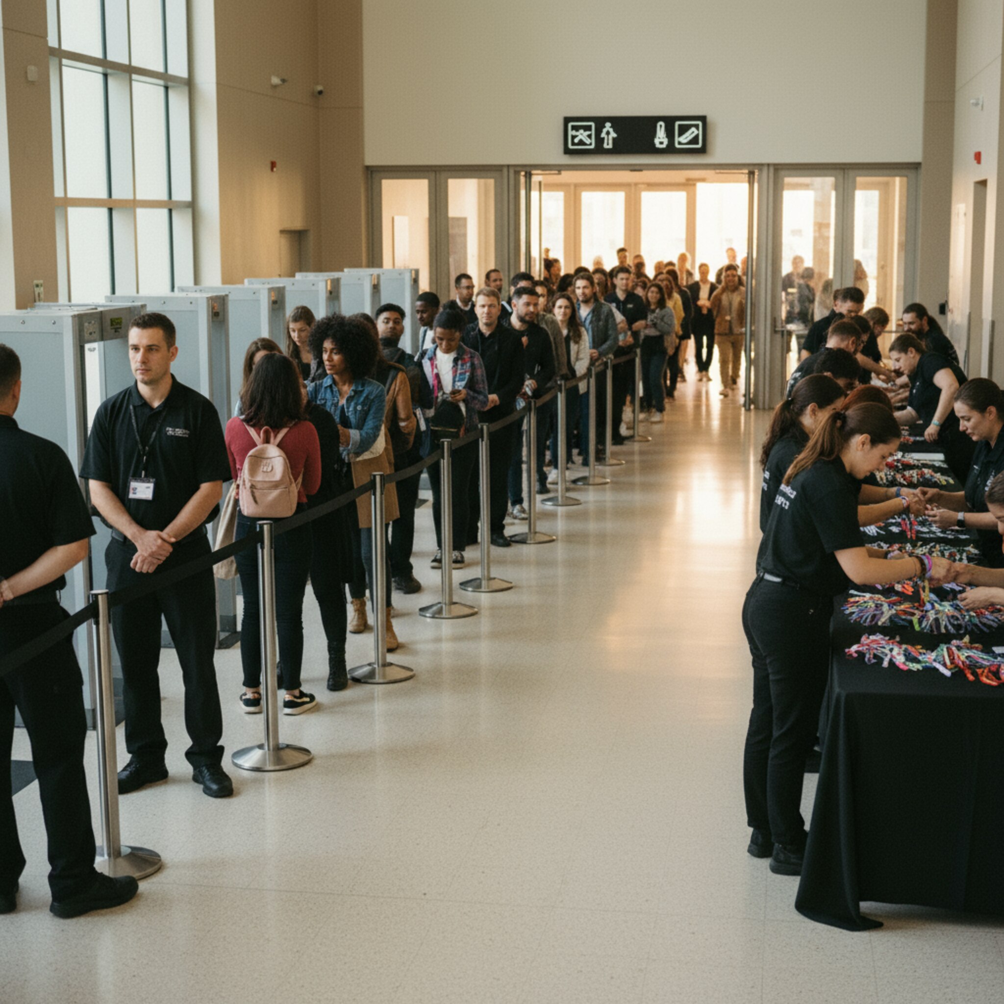 Im Foyer bewegt sich eine Besucherreihe ruhig nach vorne, Sicherheitspersonal koordiniert die Tore mit knappen Handzeichen. Gäste erhalten am Bandtisch ihr Bändchen, die Tür zur Halle öffnet sich im Takt. Die Atmosphäre ist strukturiert, freundlich und zügig.