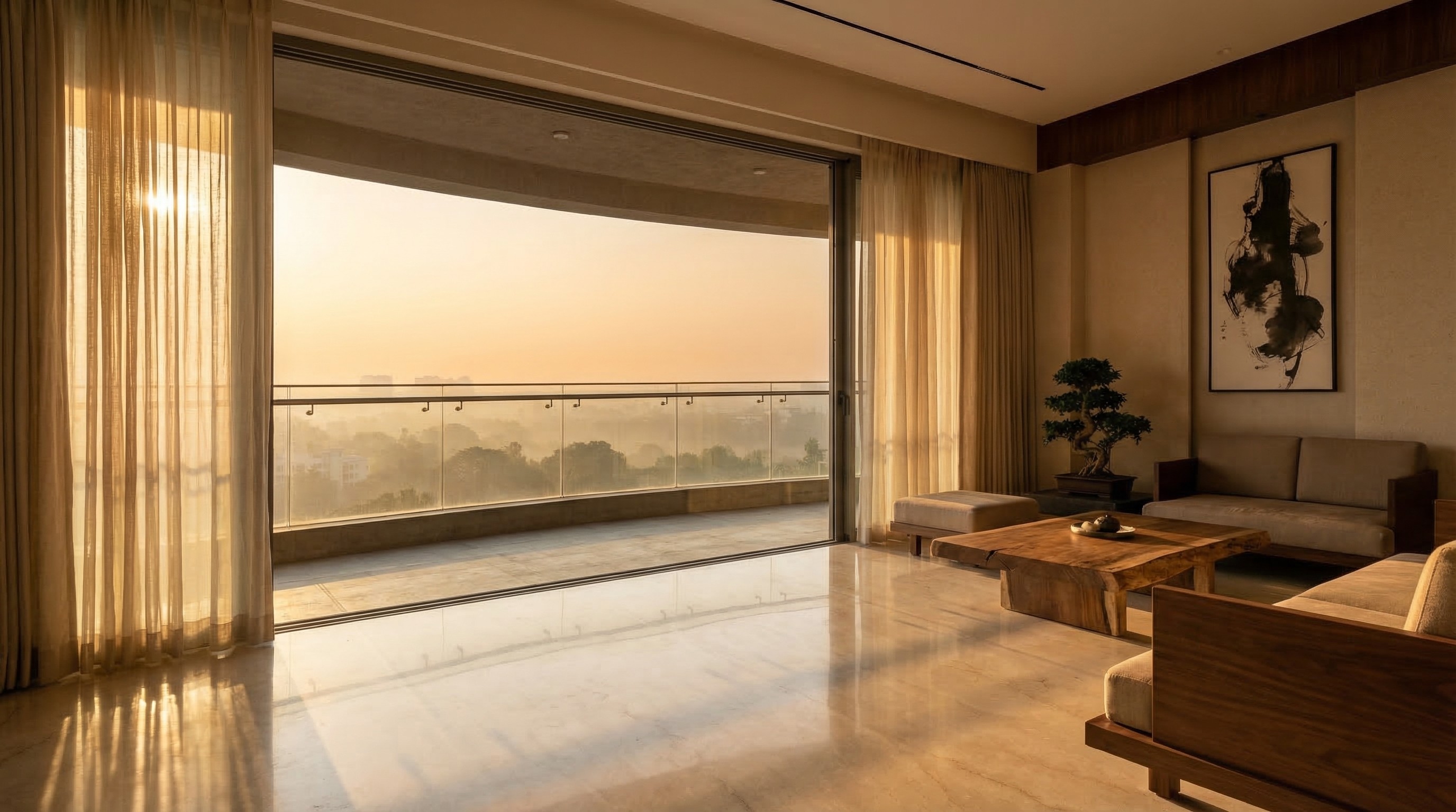 Infinity swimming pool at Prestige Vaishnaoi Rainbow Waters, Gachibowli, with panoramic views of Malkam Cheruvu Lake at golden hour