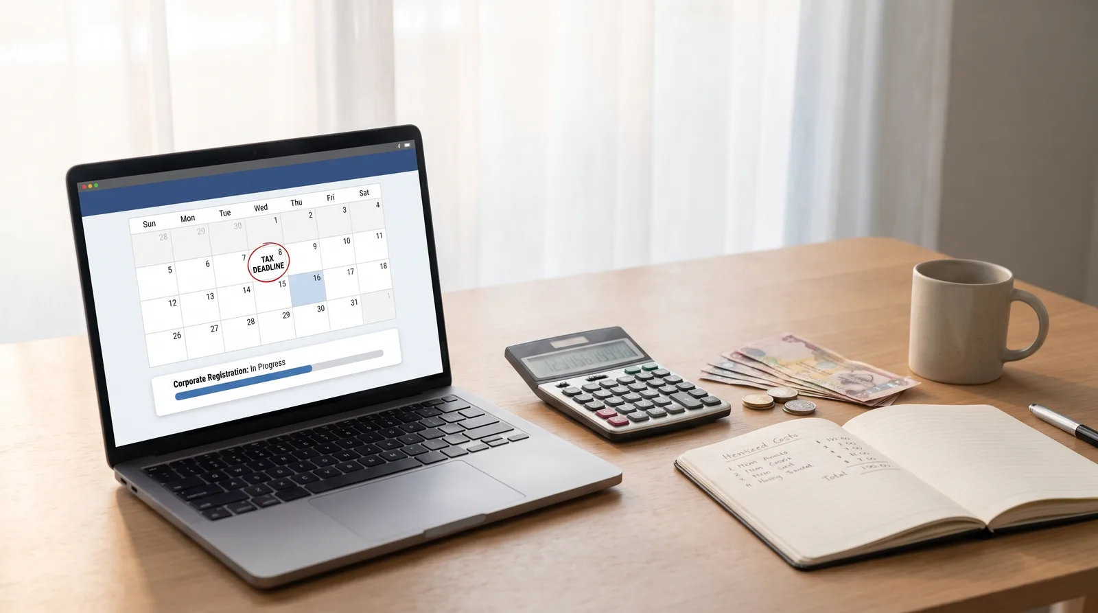 Registering for Corporate Tax Within the Deadline beside an itemised cost breakdown, calculator and dirham notes