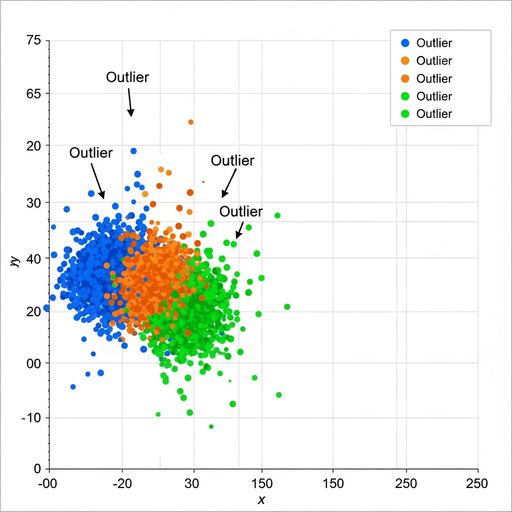 A professional data visualization showing a scatter plot with multiple customization features: different colored data point clusters in blue, orange, and green, several labeled outlier points with small annotation arrows pointing to them, clearly defined x and y axes with gridlines, and varied marker sizes. The plot should demonstrate best practices for scatter plot customization including proper spacing, distinct colors for different series, and clean axis ranges. Modern, clean design suitable for a technical blog post about data visualization.