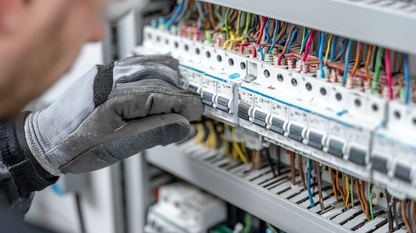 Mains gantées d'un électricien professionnel travaillant sur un tableau électrique avec disjoncteurs colorés