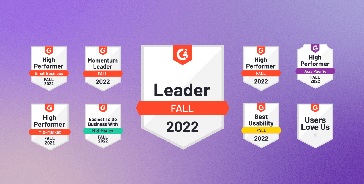 G2 Fall 2022 badges for Pilot with an ombre purple background