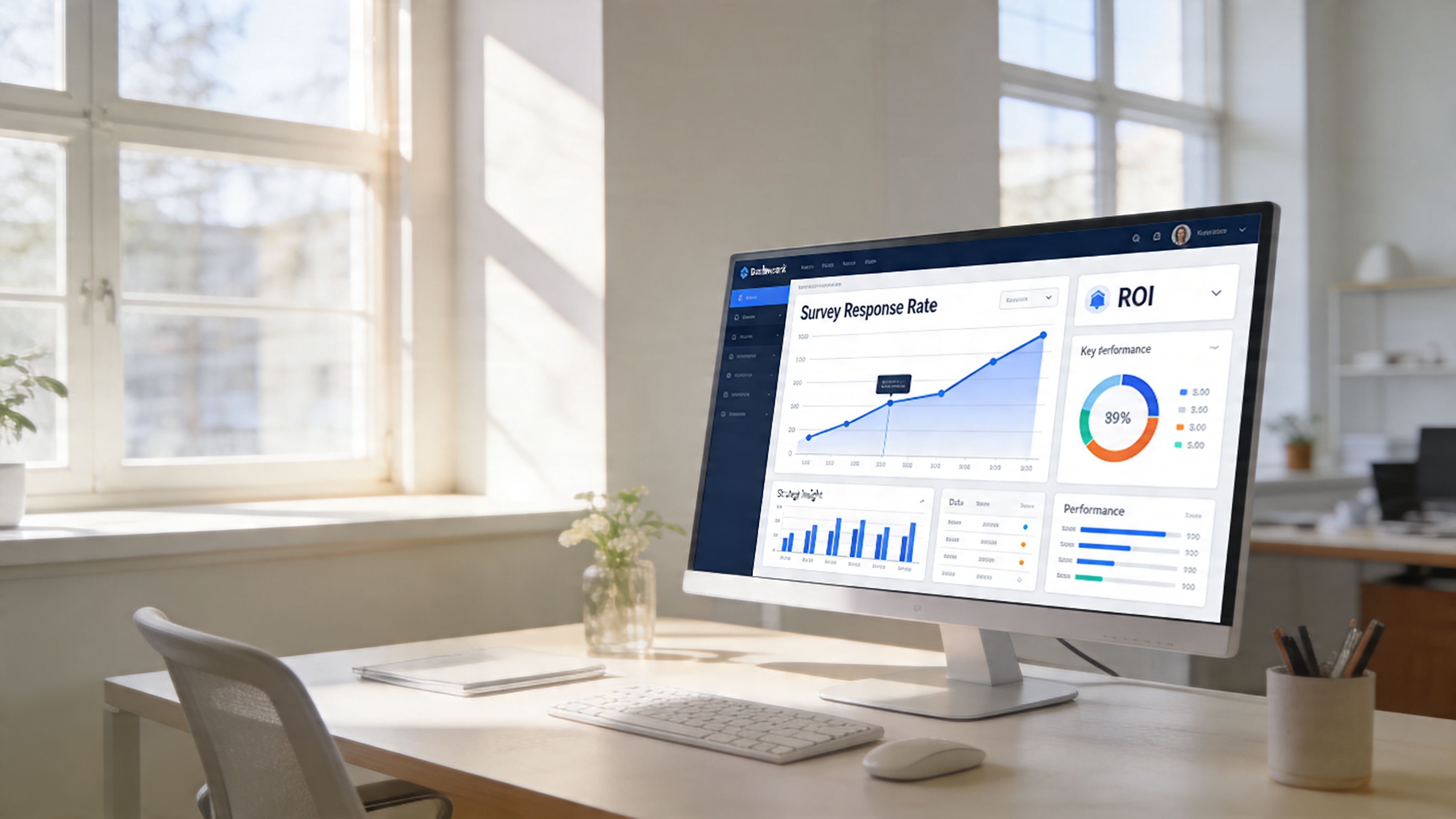 A desktop computer screen showing business dashboard analytics for survey response rates on a clean modern office desk.