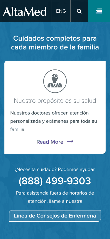 Mobile version of Altamed.org displayong content in Spanish