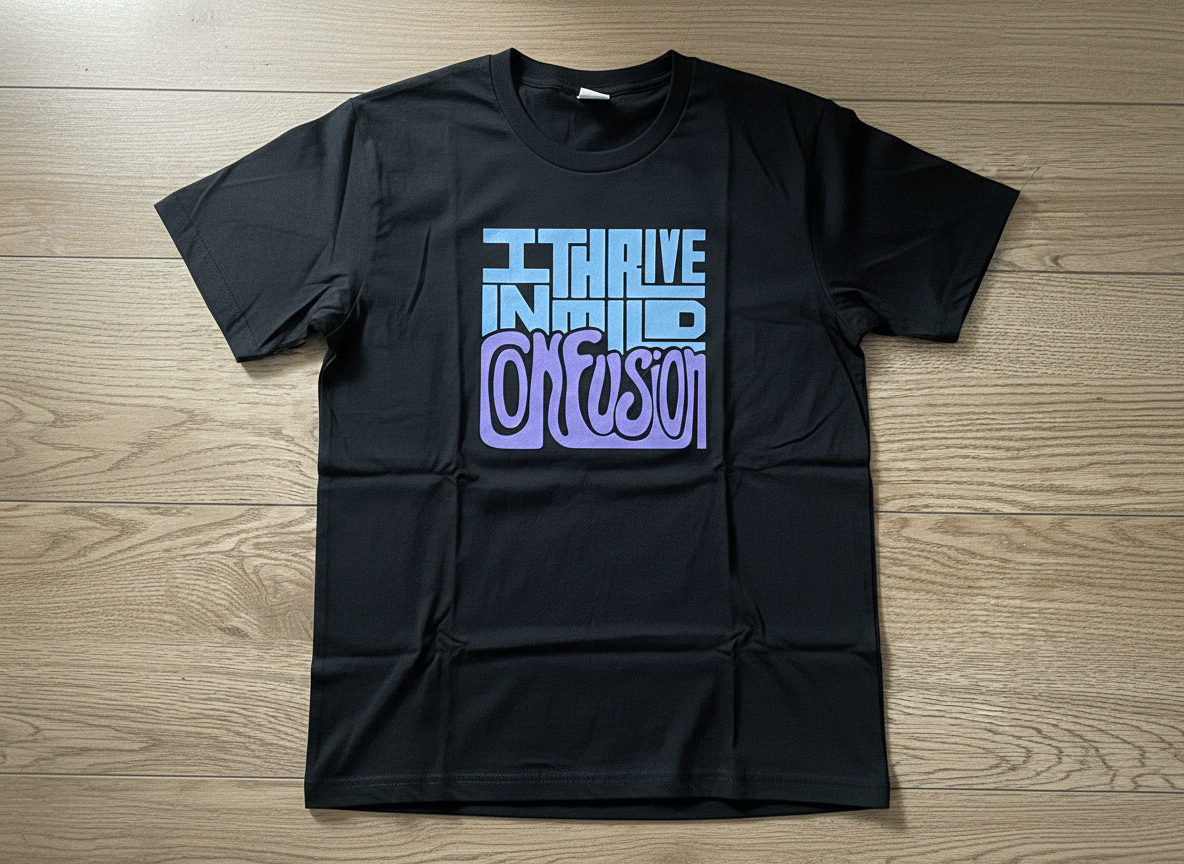 A black t-shirt laid flat featuring a colorful printed design in the center.