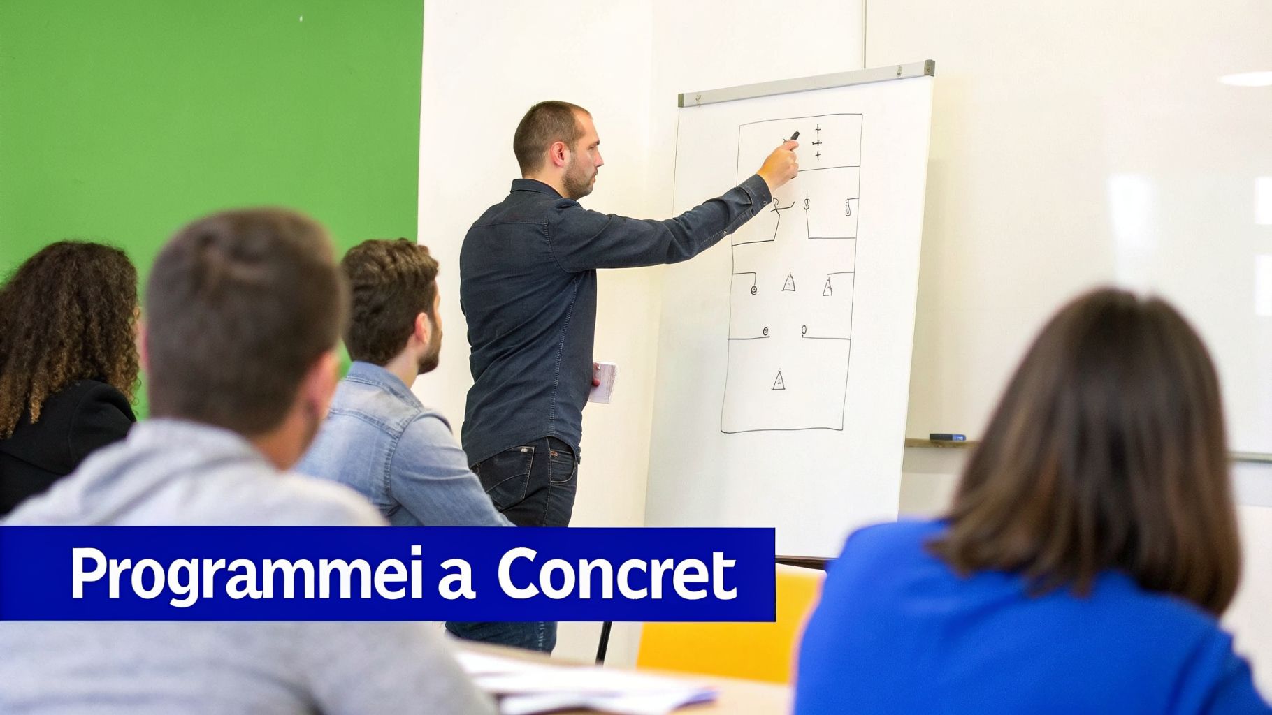 Un formateur explique un diagramme sur un tableau blanc à des étudiants attentifs lors d'une session de formation.