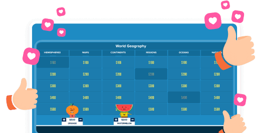 Factile World Geography Jeopardy game board displayed on laptop with social media reaction icons