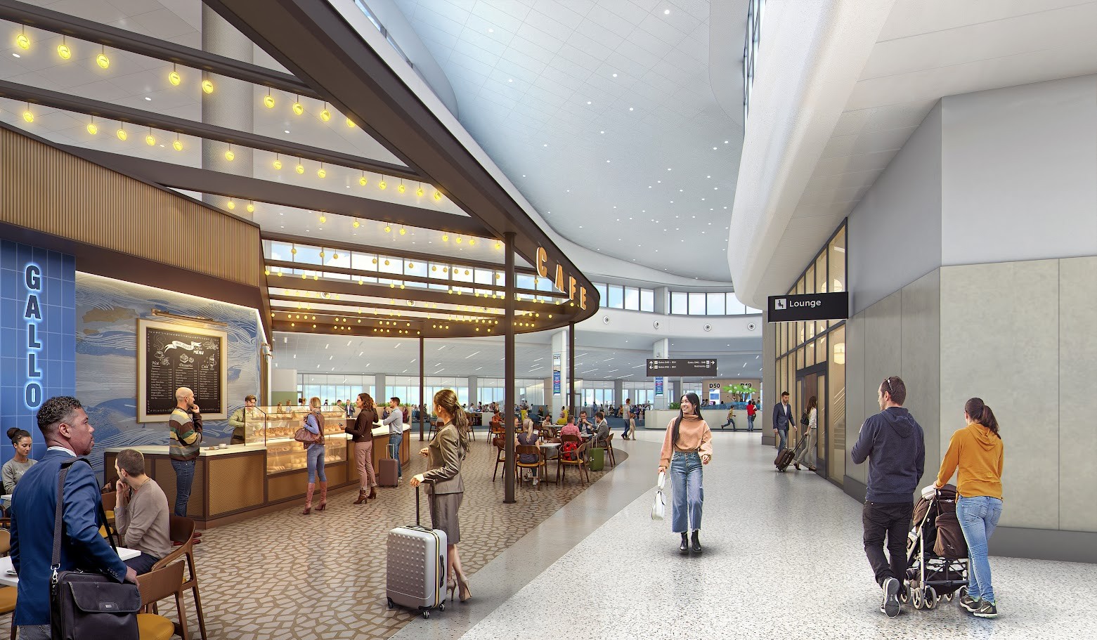 Interior view of Airside D terminal showing seating areas, passengers, and modern retail storefronts