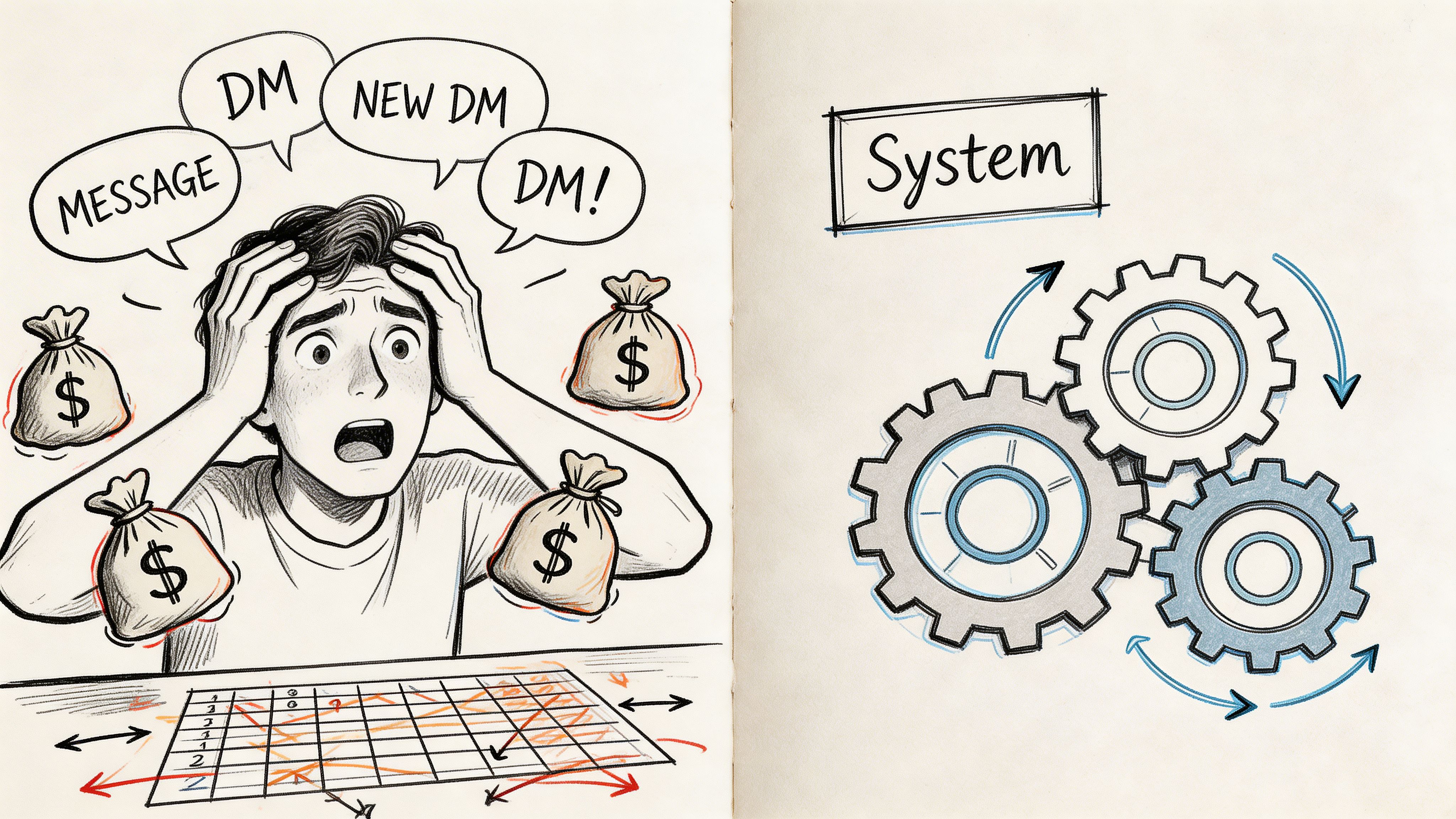 A split image showing an overwhelmed person with money bags and chaotic data versus a structured system.