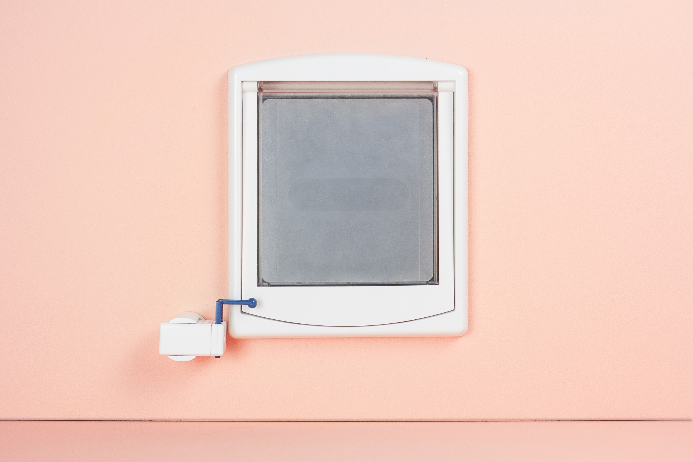 Image of a Smartian with a linear add-on positioned next to a cat door, keepin the cat door closed