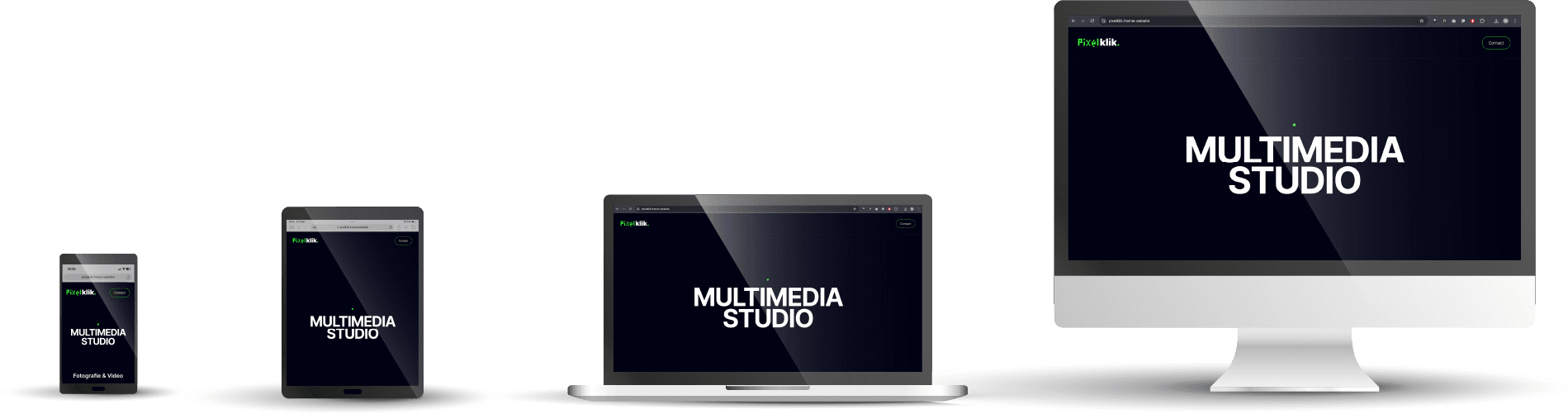 afbeelding met telefoon, ipad, laptop en Imac met een afbeelding van Pixelklik multimedia studio