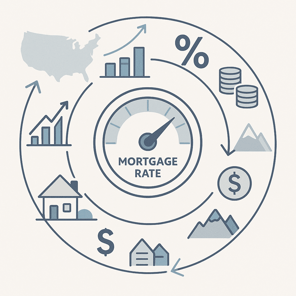 Layered rings show national, economic, and local factors converging on a central mortgage rate gauge