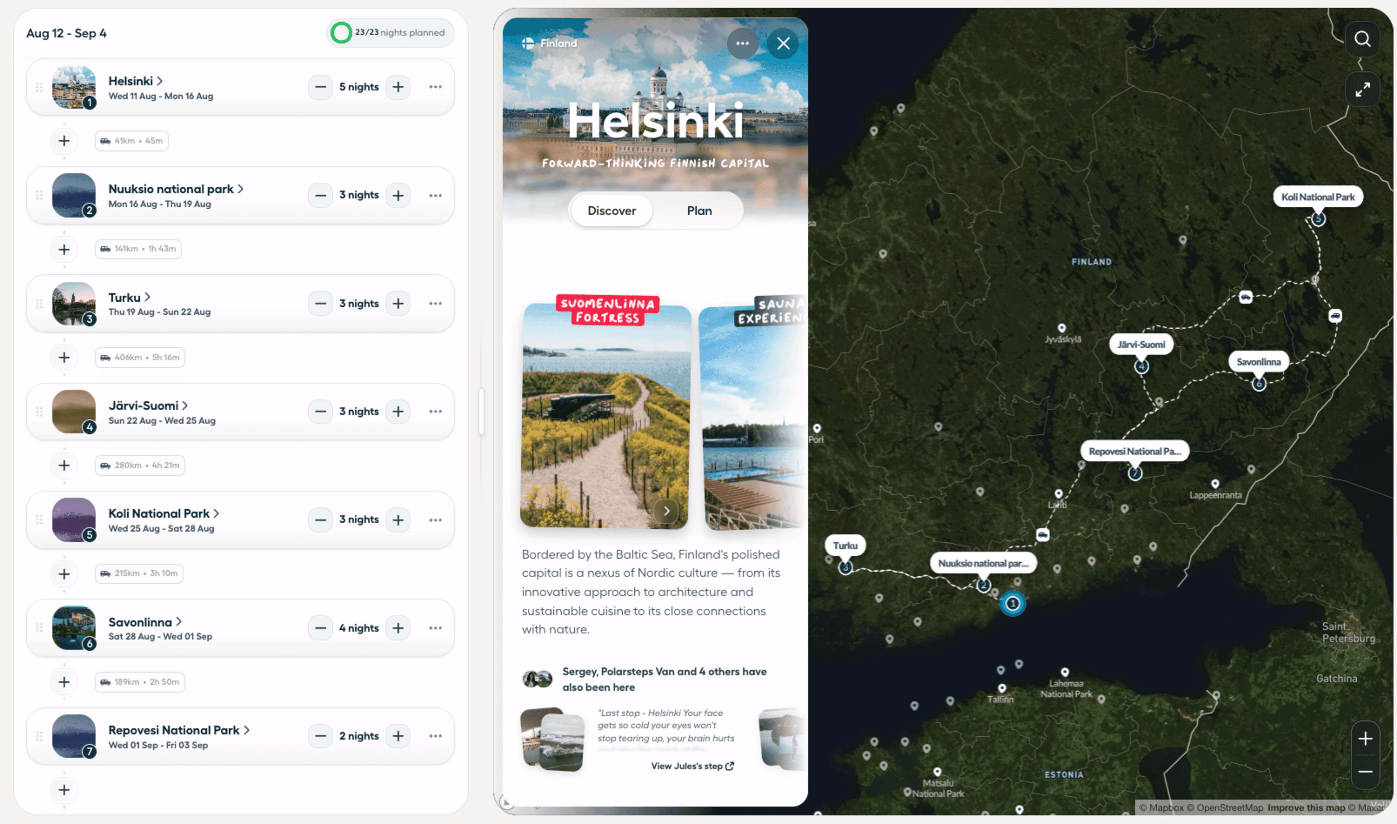 Polarsteps Trip Planner mapping a route through Helsinki, Finland’s lake district, and national parks, with destination recommendations and an interactive map.