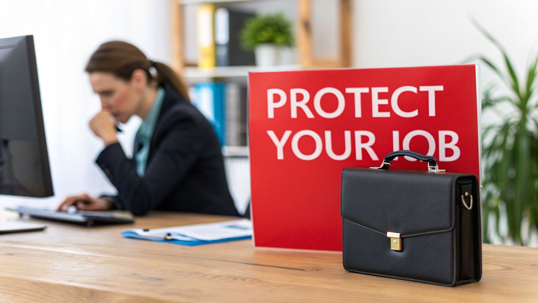 A focused woman works at a computer in an office, with a 'PROTECT YOUR JOB' sign and briefcase.