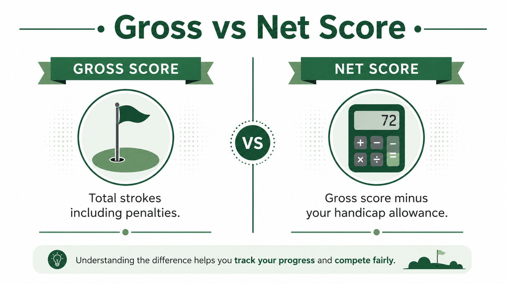 An infographic titled Gross vs Net Score defining these two golf terms clearly for players and beginners.