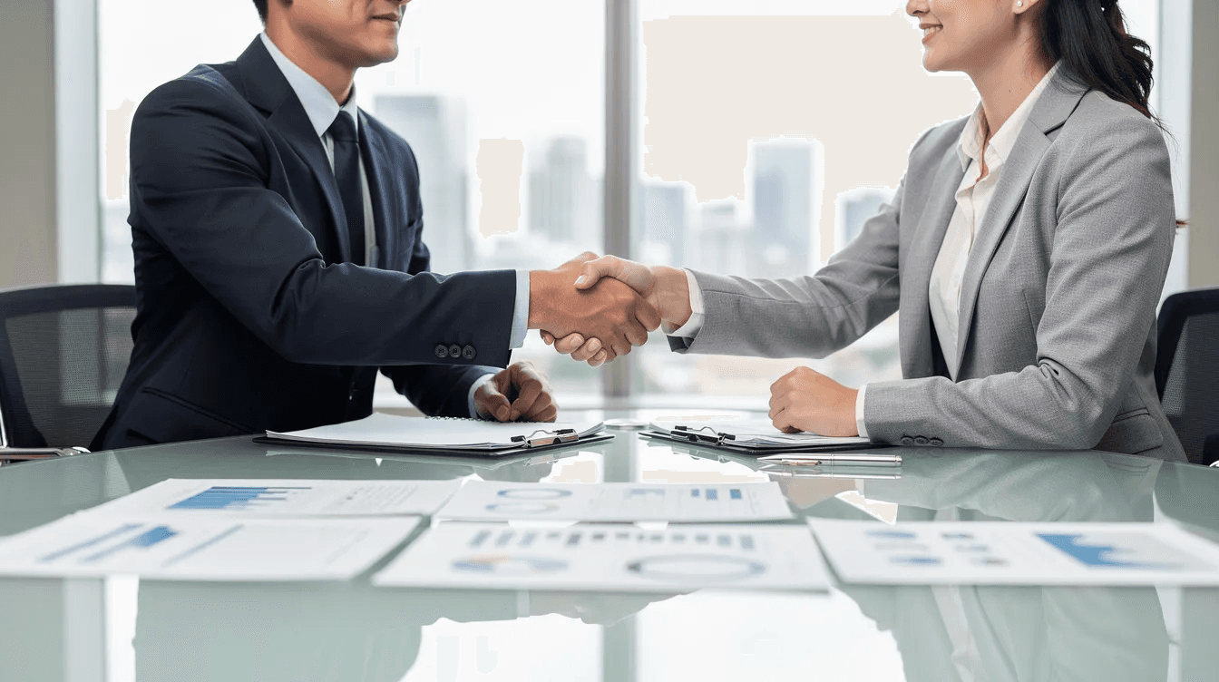 Two professionals are shaking hands across a conference table, with various documents related to financial planning and investment strategies visible. This scene symbolizes collaboration in developing tax smart investment strategies to minimize taxes and achieve financial goals.