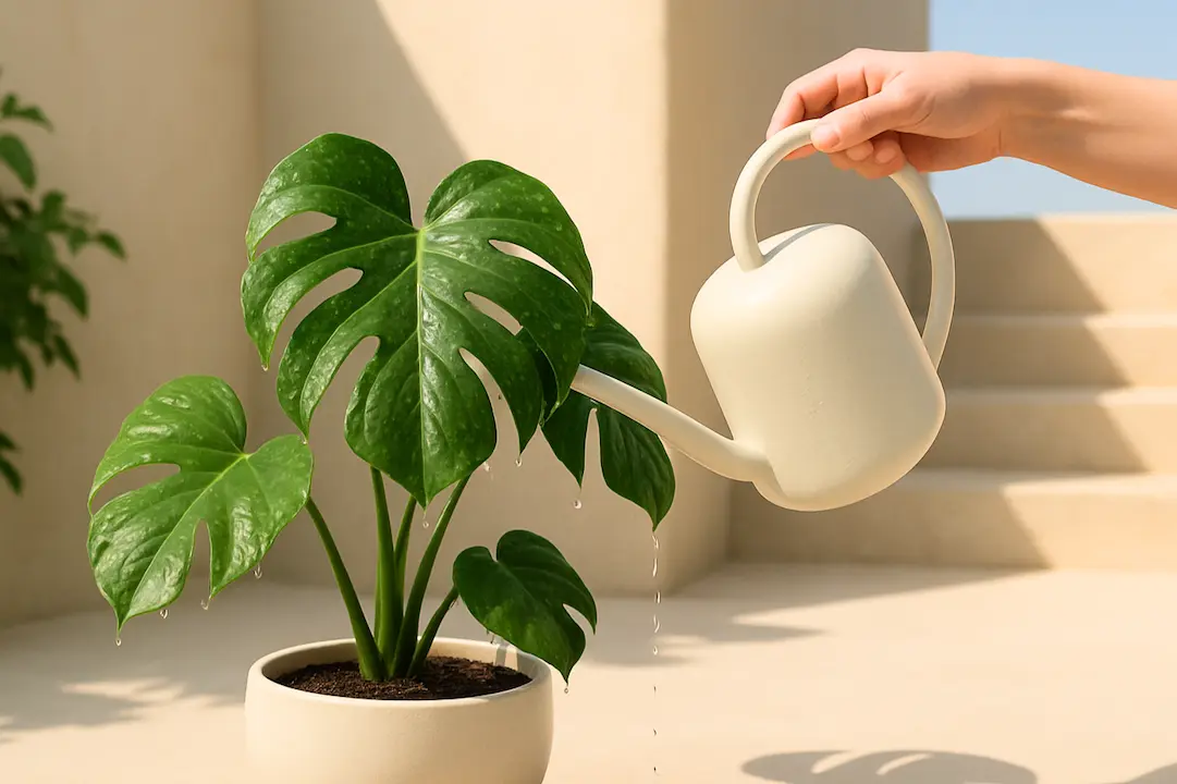 Monstera Pflanze wird bewässert