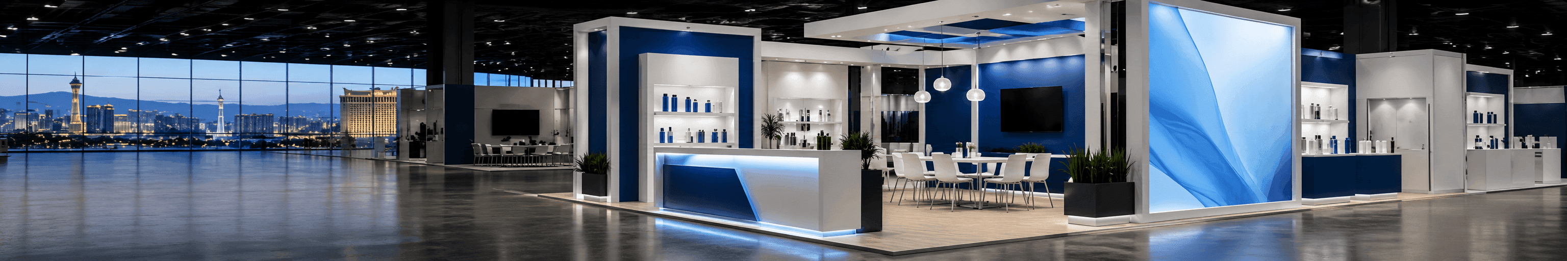 Mandalay Bay booth planning for product display booth with sample counters, buyer meeting area, branded graphics, storage, and show-floor setup