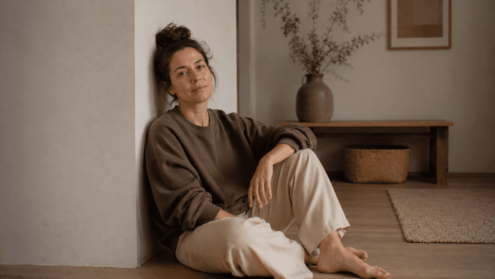 Woman sitting on the floor leaning against a wall in a softly lit room