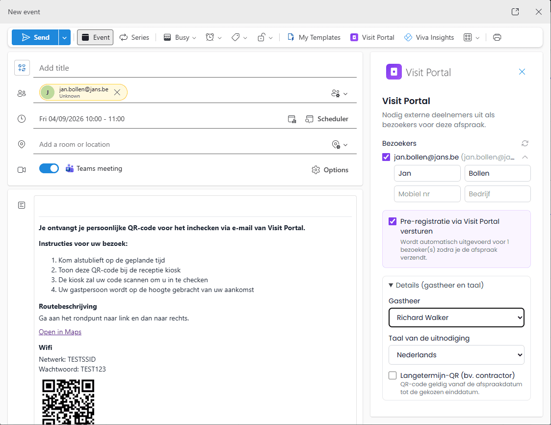 Bezoeker vooraf registreren in Outlook met automatische QR-code via Visit Portal