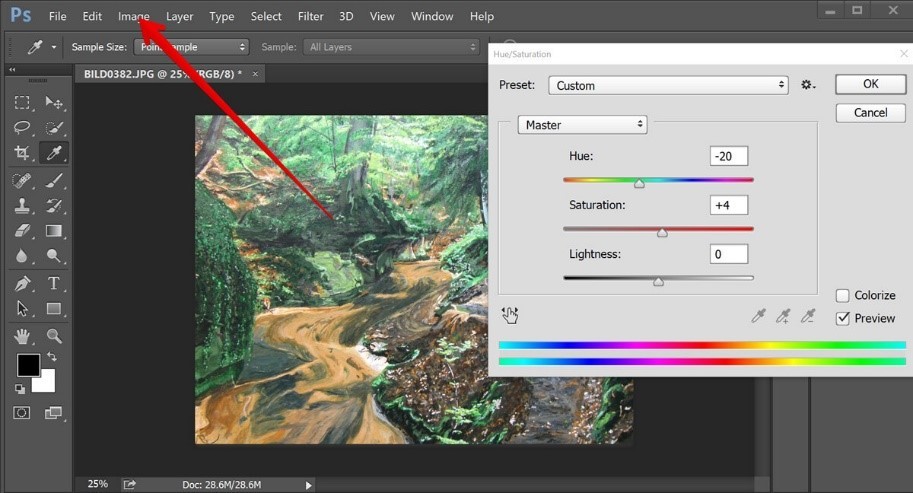 Photoshop window adjusting image hue and saturation.