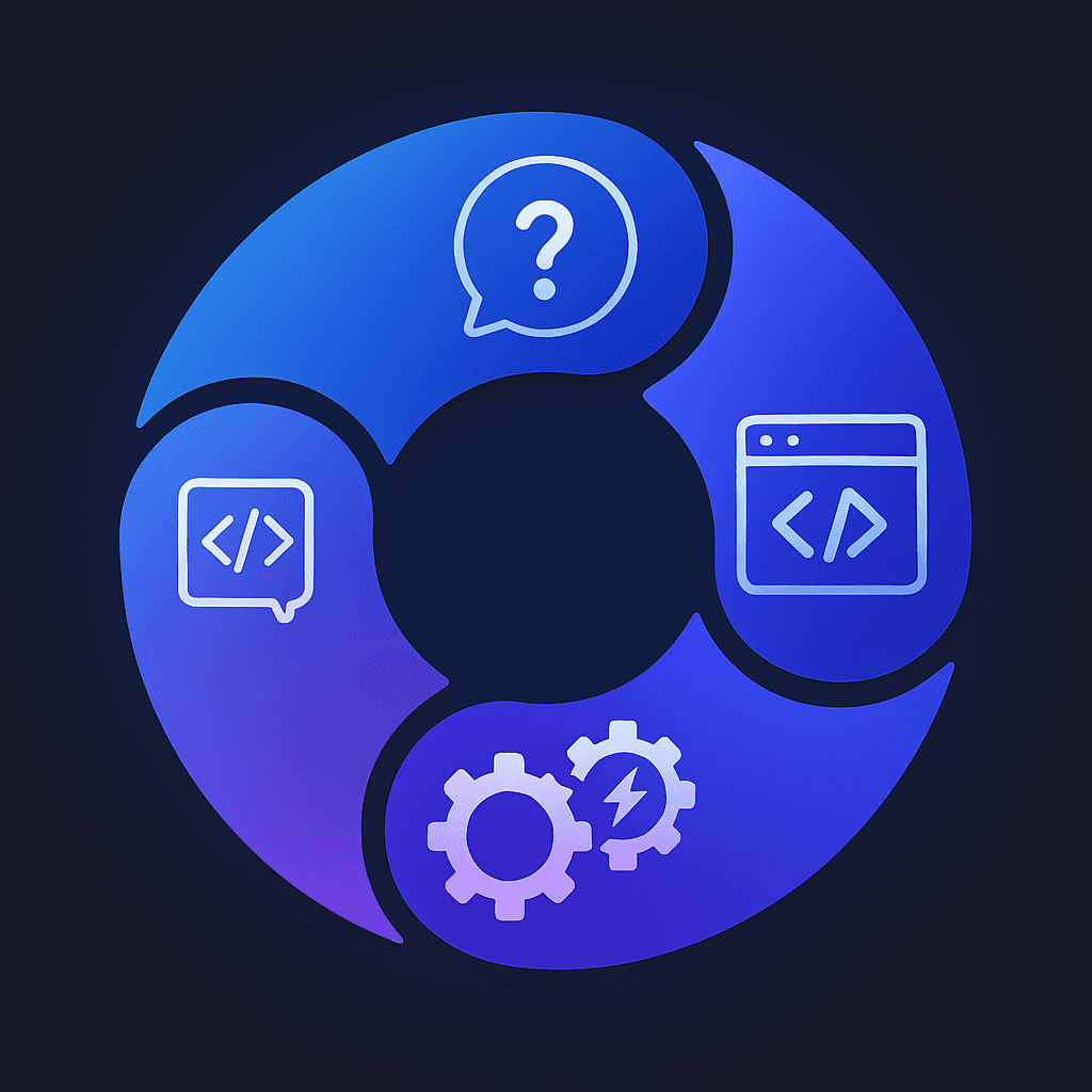 Circular four-step flow for schema markup, building FAQs, content refresh loops, and automation workflows.