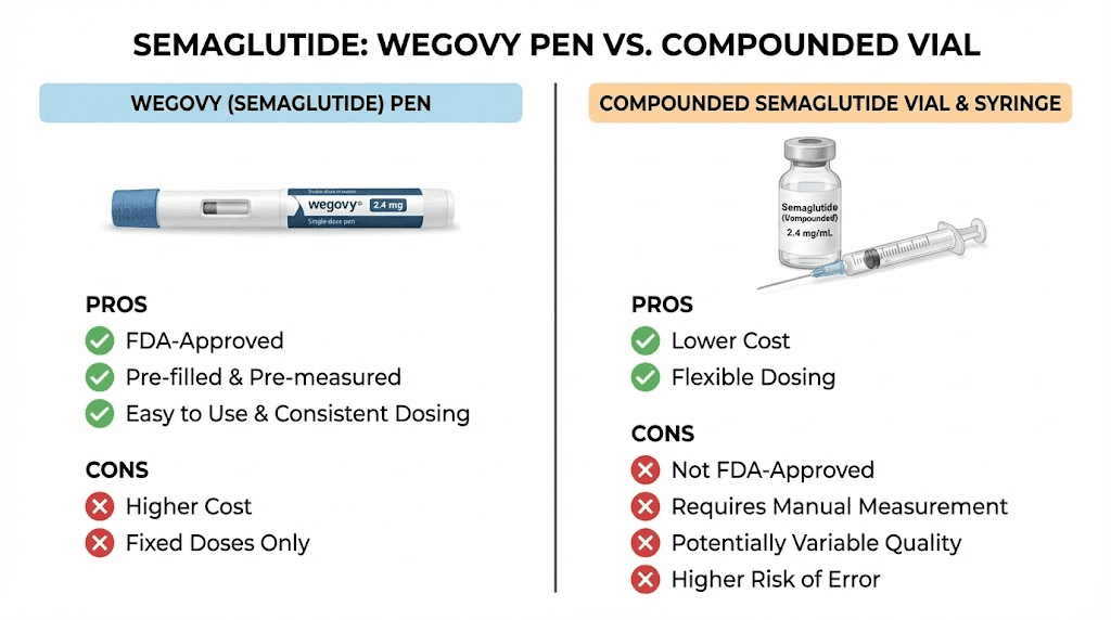 Wegovy pre-filled pen compared to compounded semaglutide vial for 2.4 mg dosing