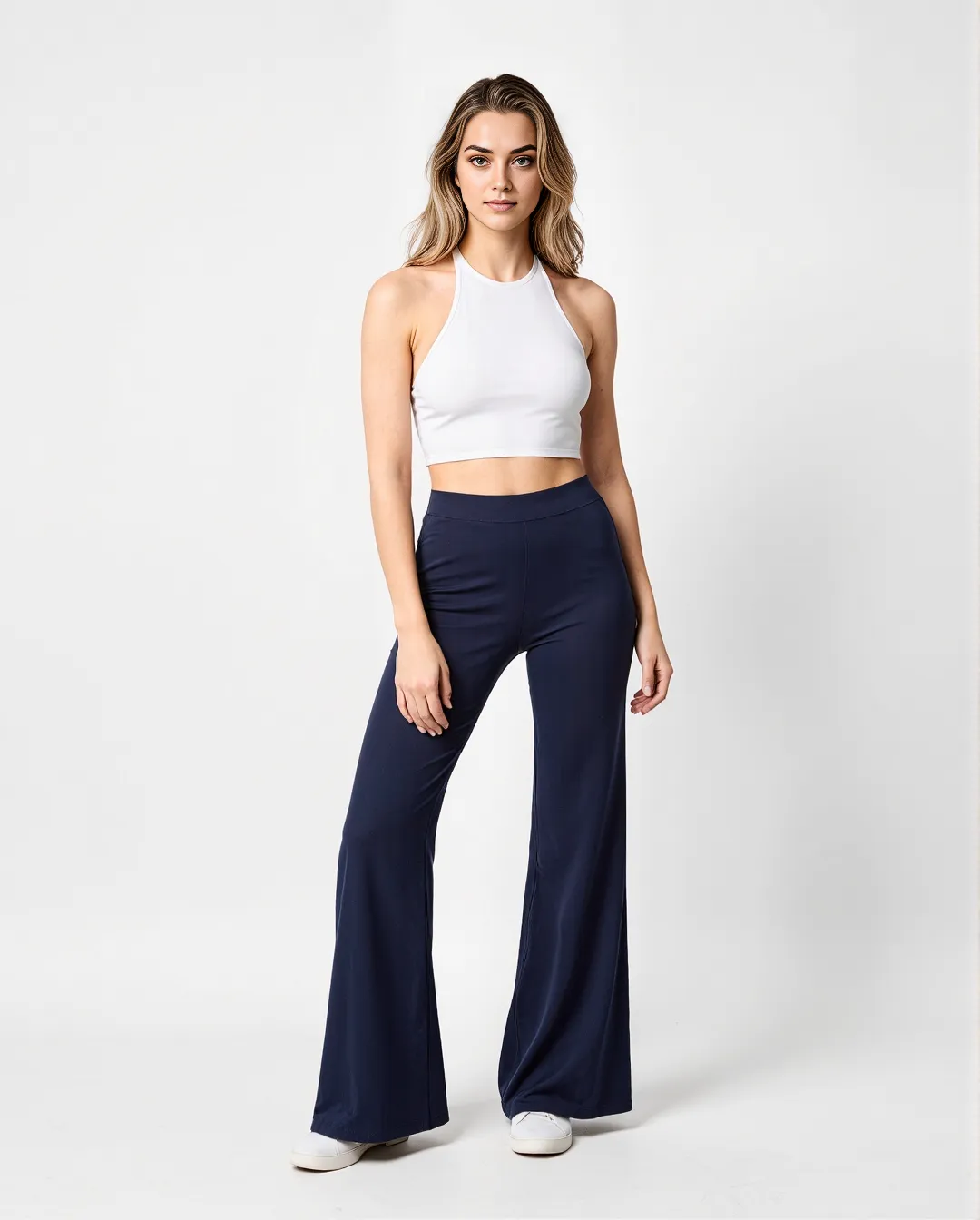 Fashion photograph featuring a white halter crop top paired with navy wide-leg pants against a clean white background