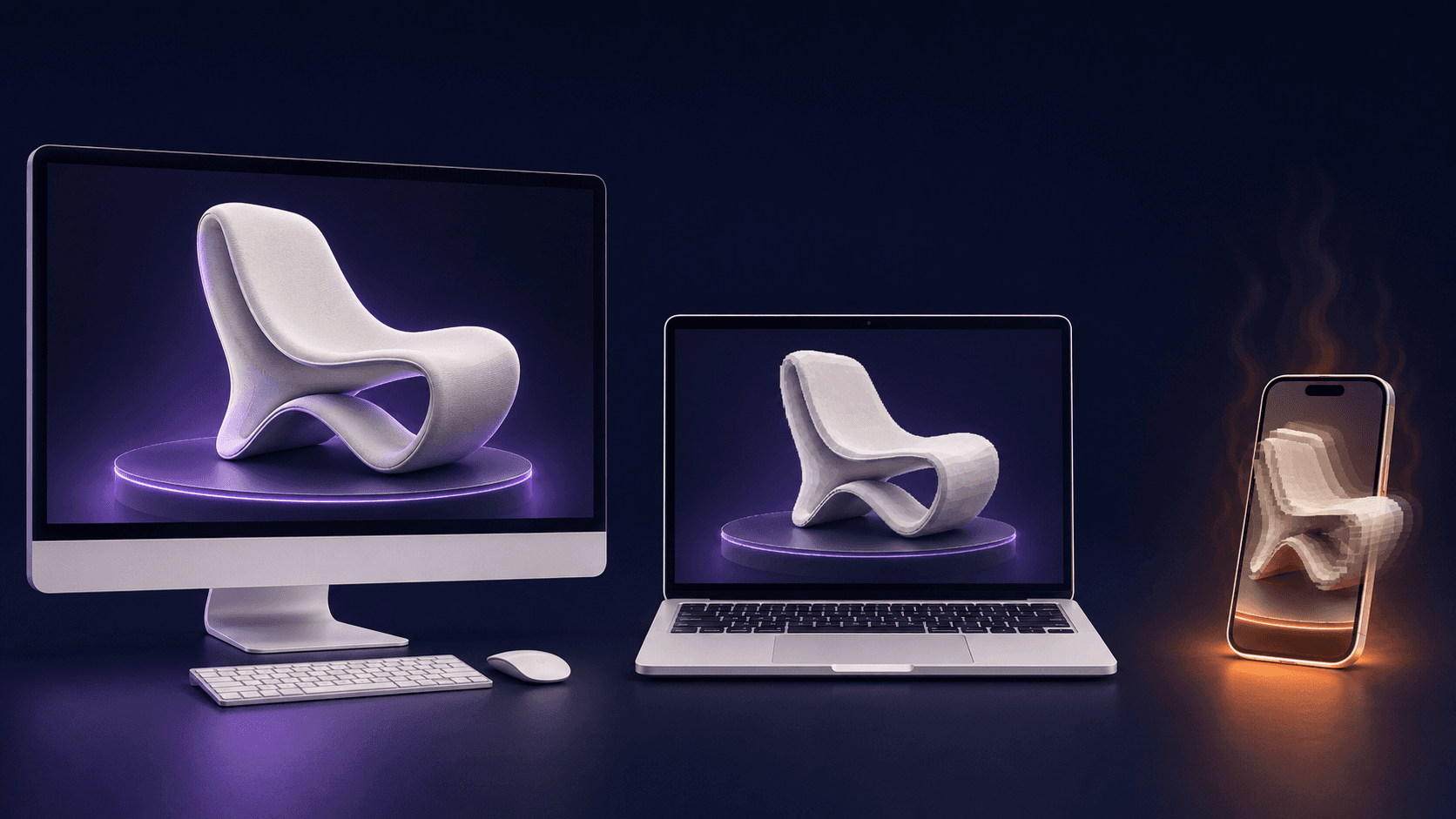The same 3D chair rendering at high quality on desktop but degraded and stuttering on an overheating phone