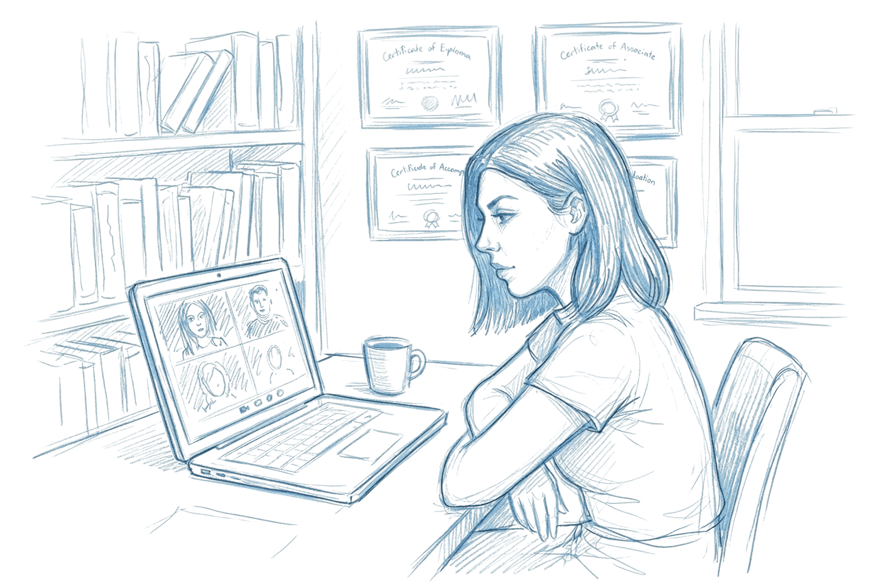 A female teacher sitting at a desk with a laptop showing an online group lesson, diplomas on the wall behind her and a cup of coffee nearby, illustrated in a blue pencil sketch style on grid paper.