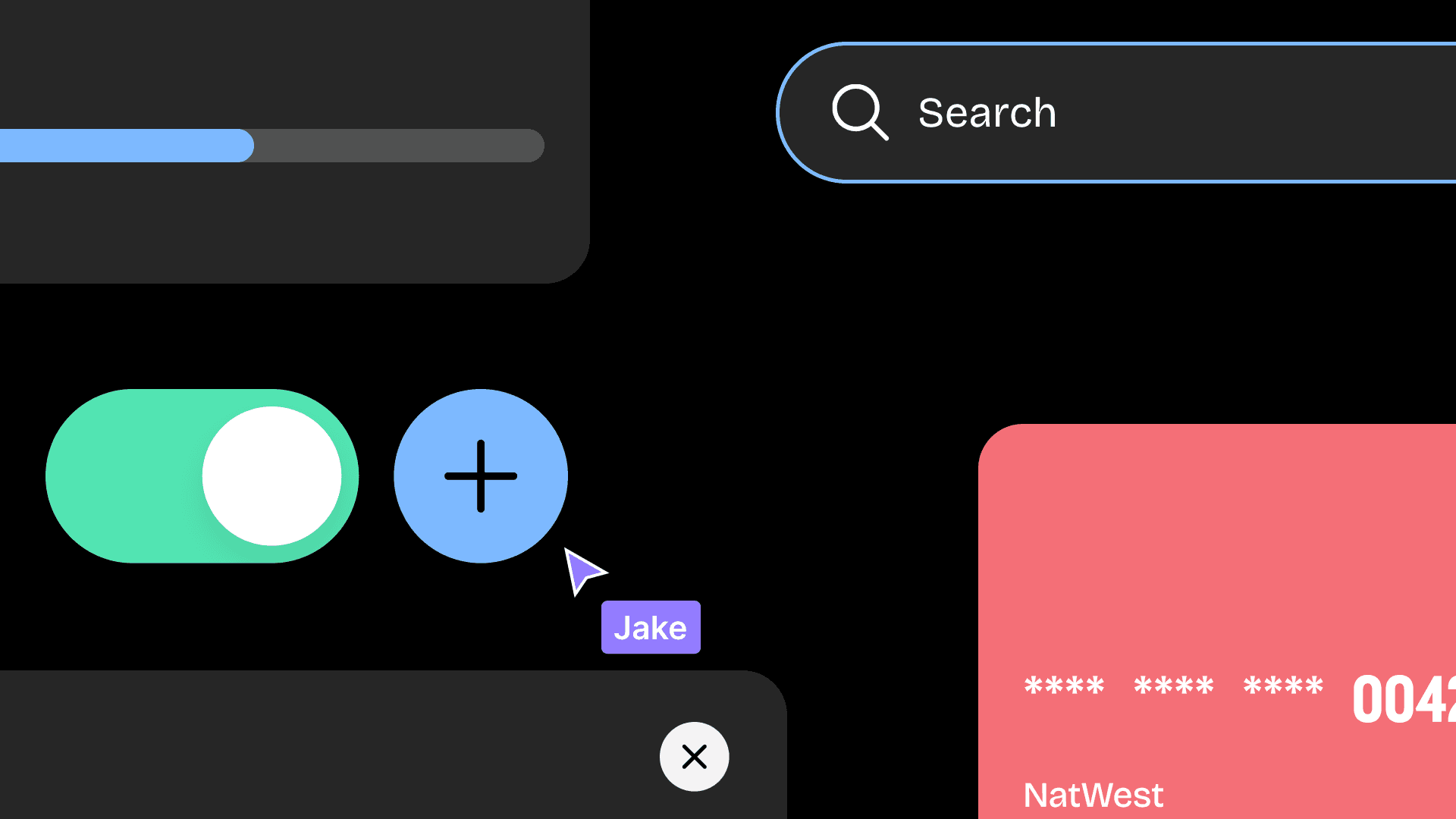 Close-up of UI components including a search bar, toggle, add button, and card elements in a dark theme.