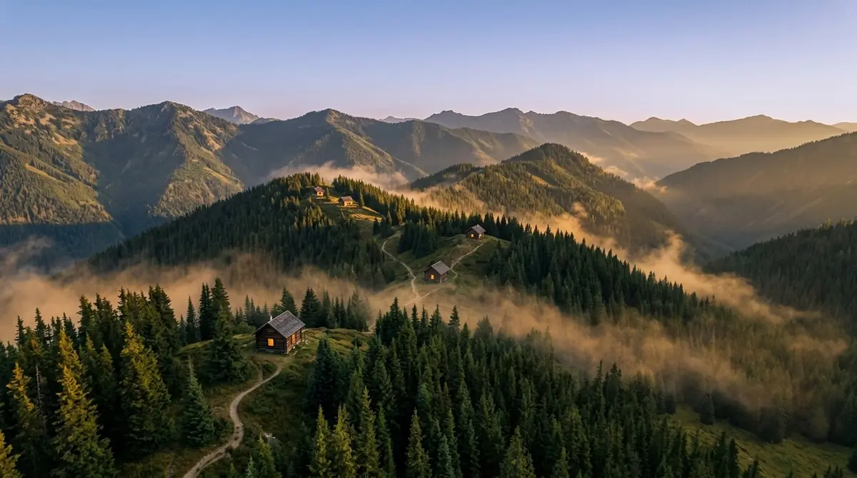 Small timber cabins on separate mountain ridges linked by paths
