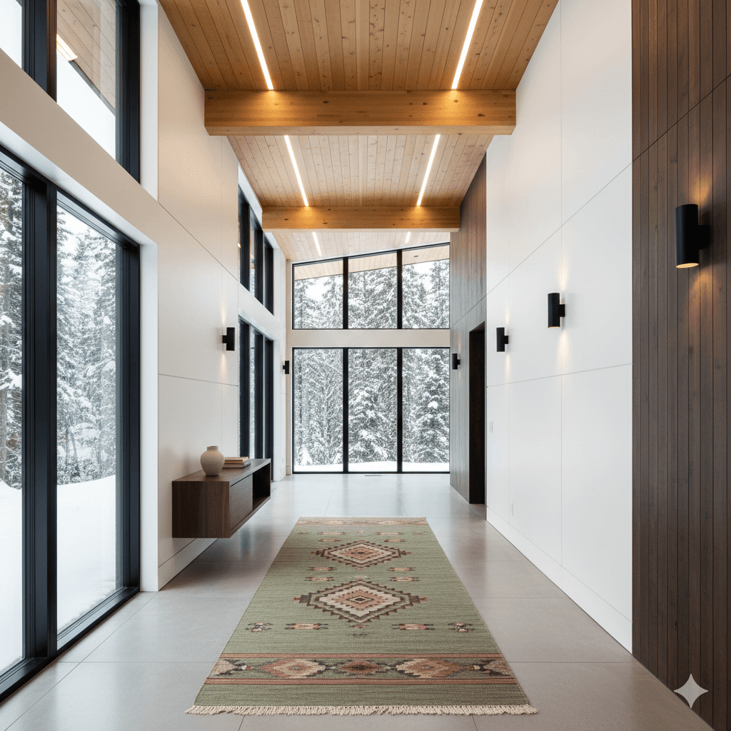 A modern hallway features vibrant teal and orange geometric and leaf patterns, with glossy tiled floors, a large rectangular light fixture, and a small shelf holding a potted plant, all leading to a large, frosted window at the end.