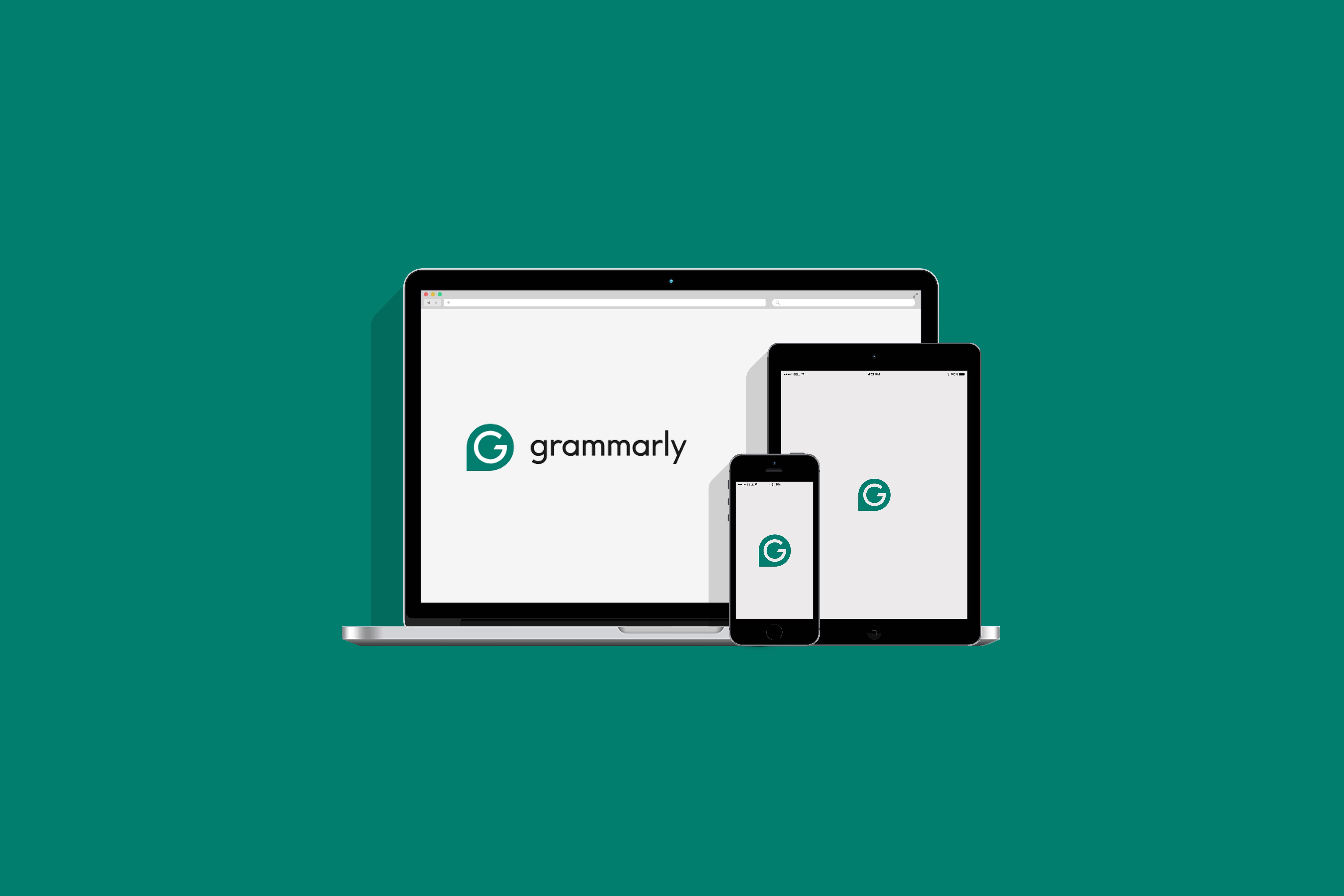 Mockup with a laptop, tablet, and phone displaying the Grammarly logo.