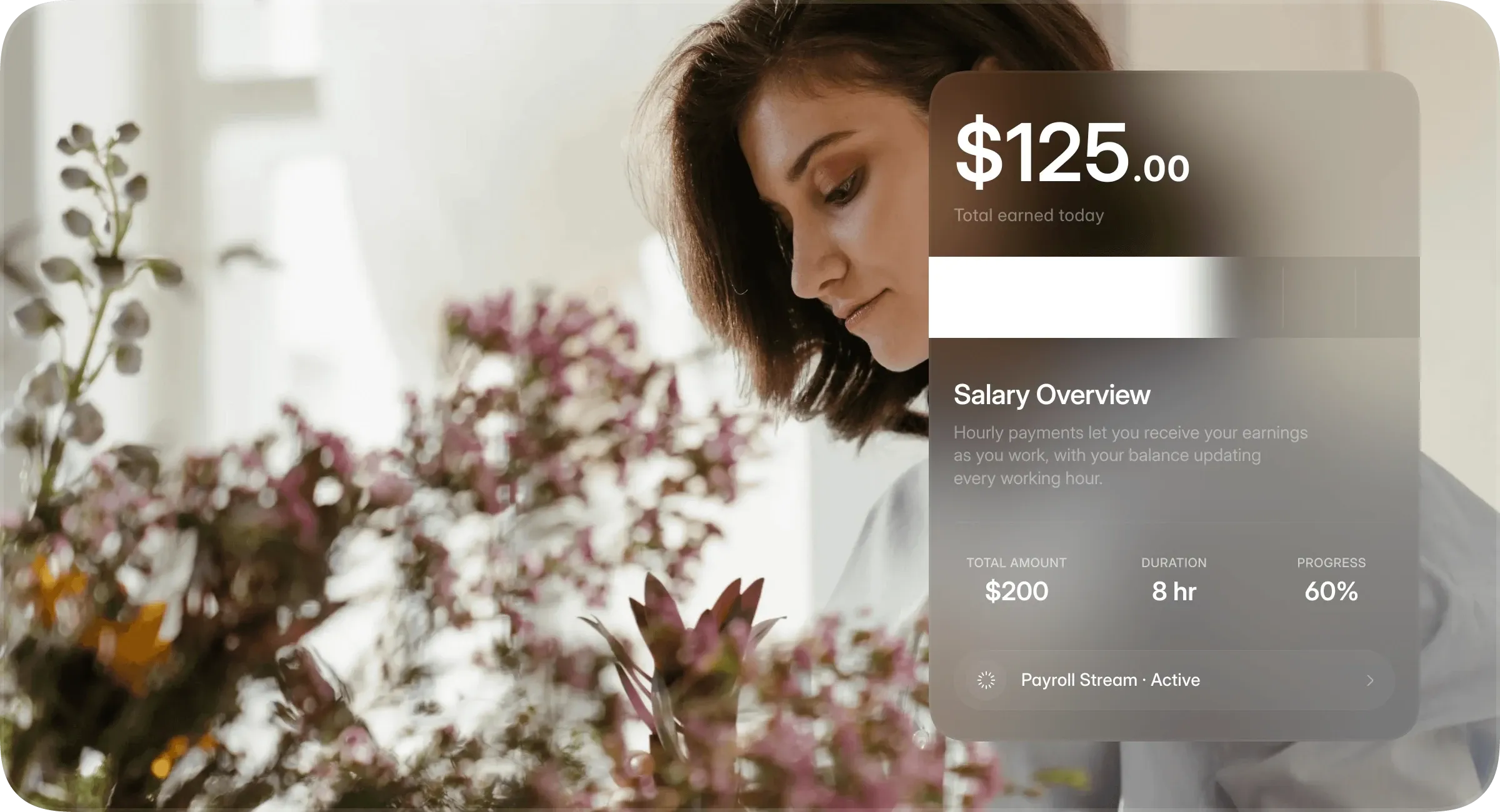Florist working in flowershop. Showing Charter Payroll App UI.