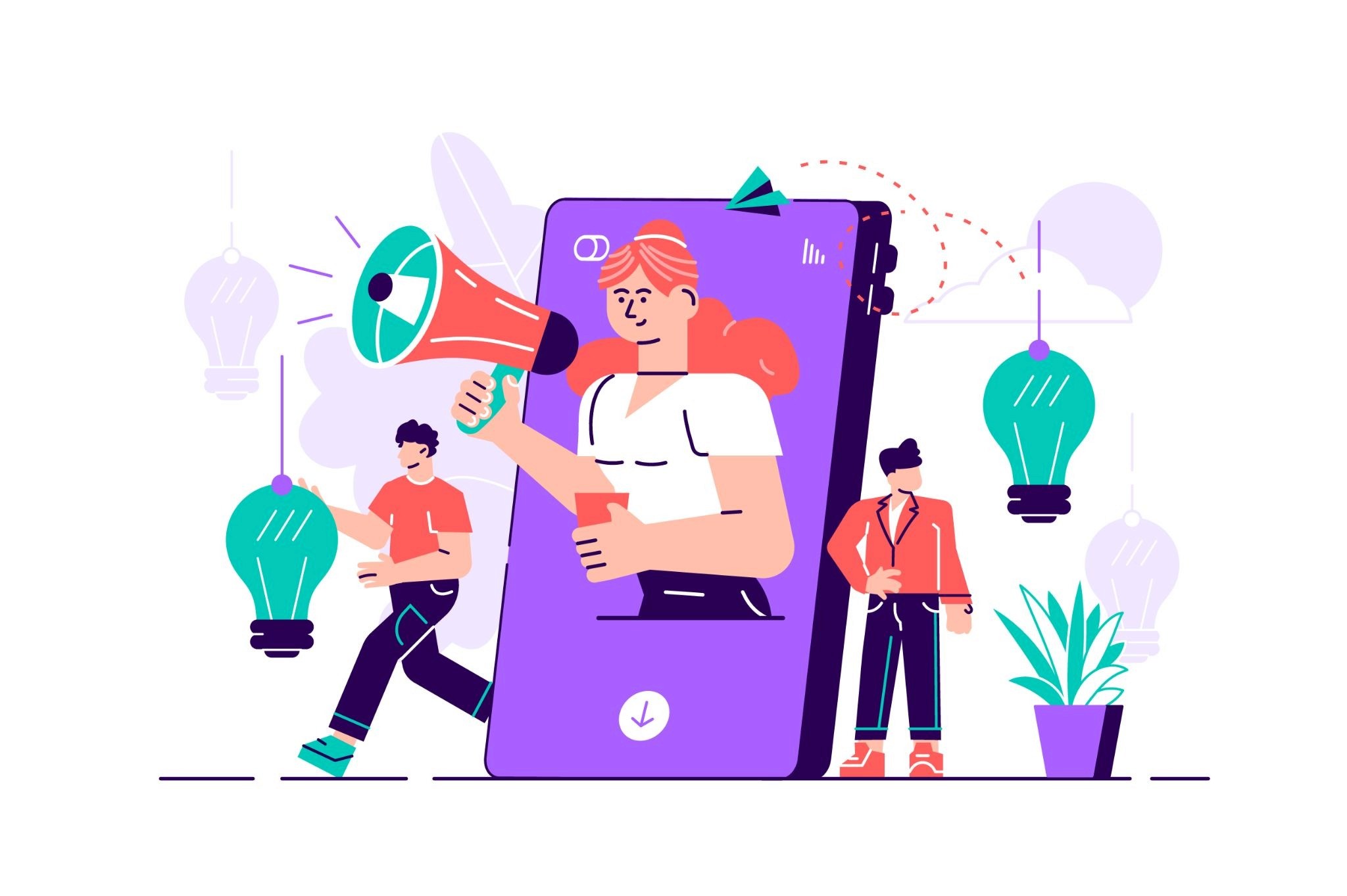 Illustration of a female influencer with a megaphone on a smartphone reaching a small audience