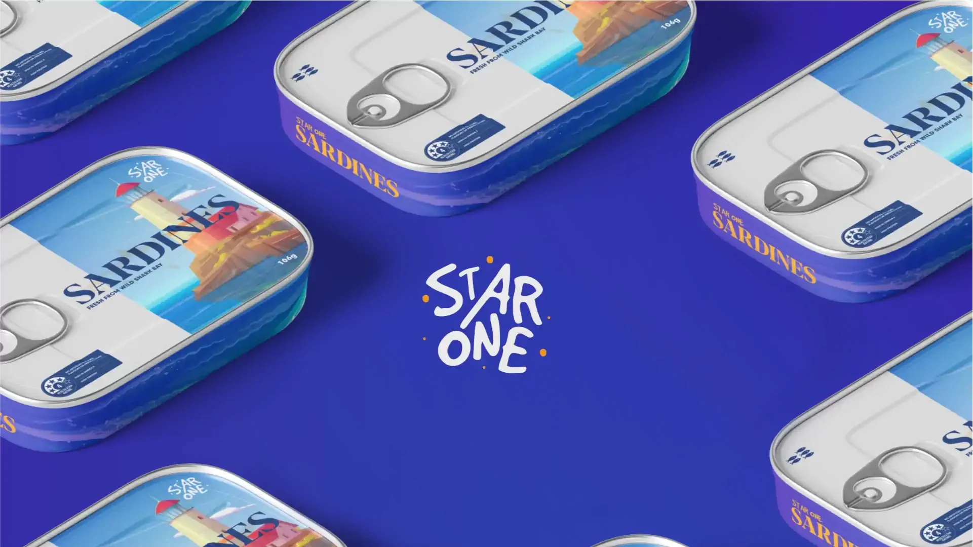 Premium illustrative sardine tin packaging for Star One Sardines, featuring a lighthouse and coastal scene inspired by Wild Shark Bay, designed by Made by Campfire.