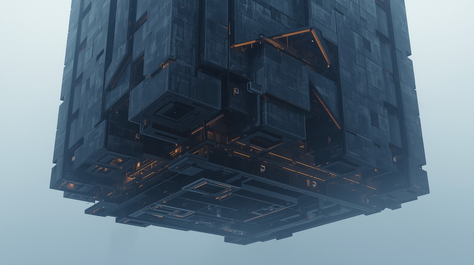 A monumental impossible architectural monolith floating in mid-air,