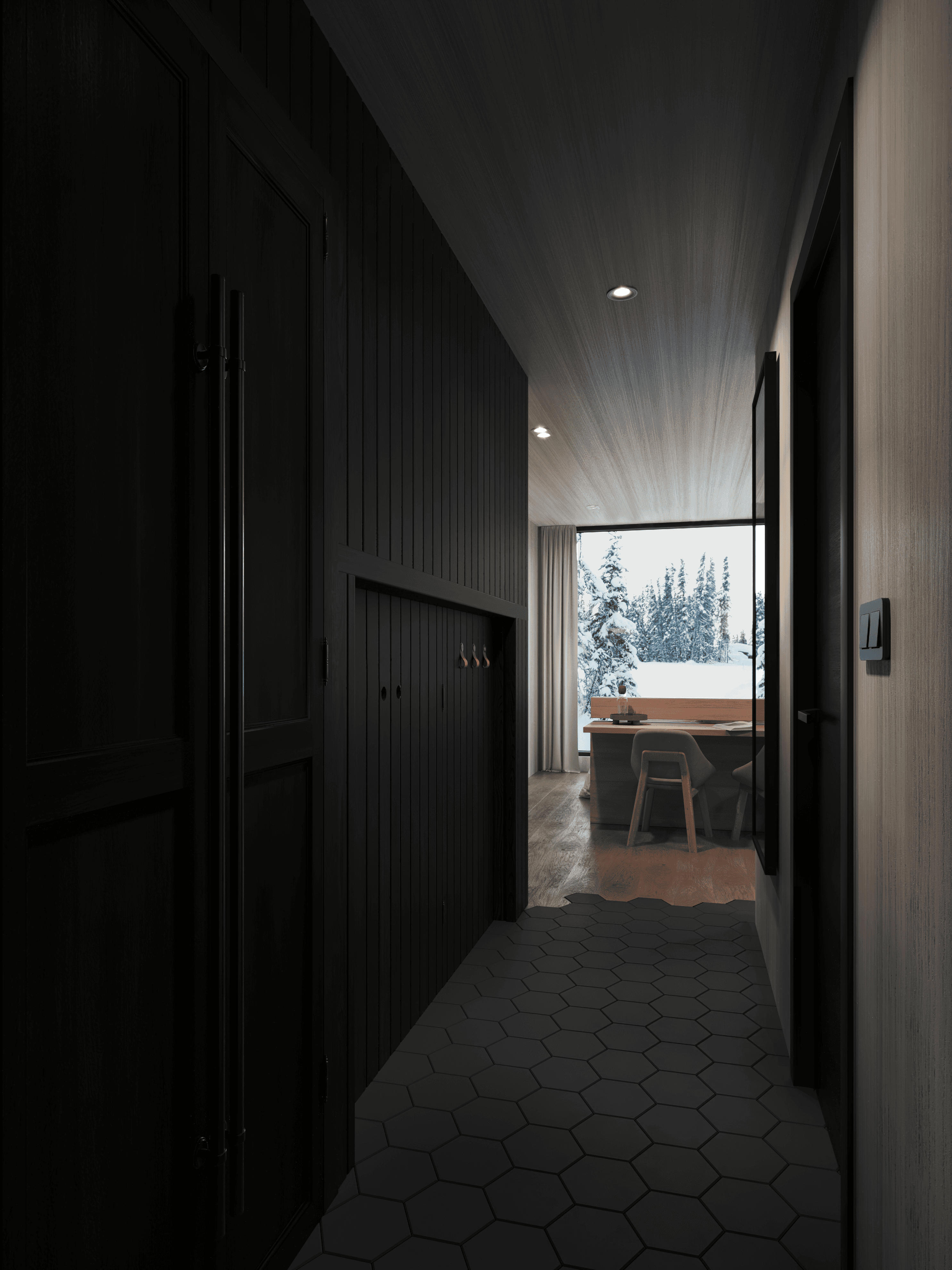 Elegant hallway and dining space with expansive windows overlooking forest, highlighting Mercer Design & Drafting’s vision for personalized residential layouts, natural light optimization, and custom home design expertise for Halifax and Nova Scotia families.
