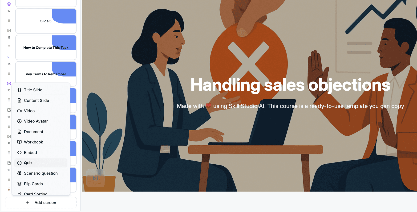 Select 'Quiz' to create an interactive knowledge check for your learners.