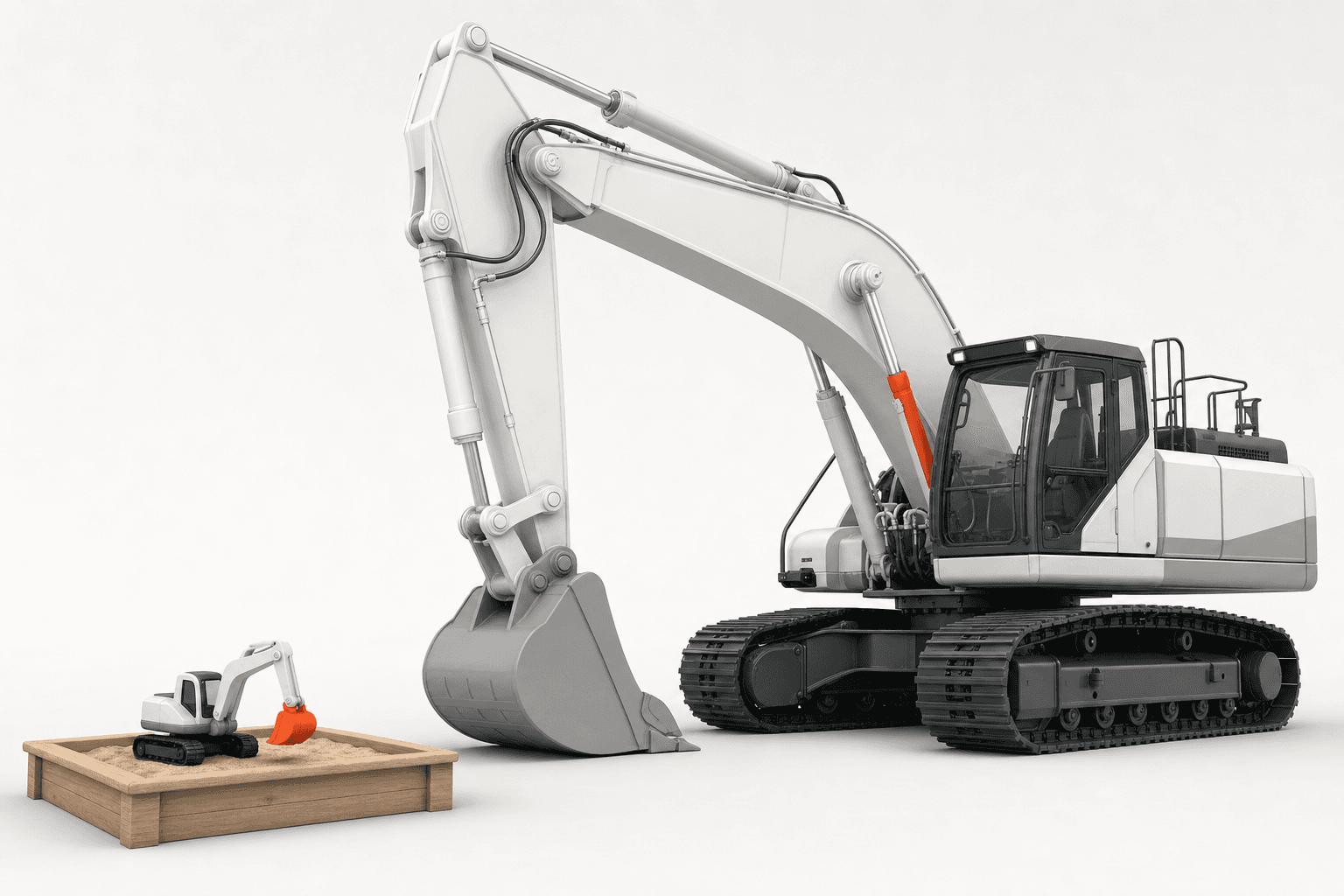 A toy excavator and the real thing -- the playground and production are the same capability at different scales