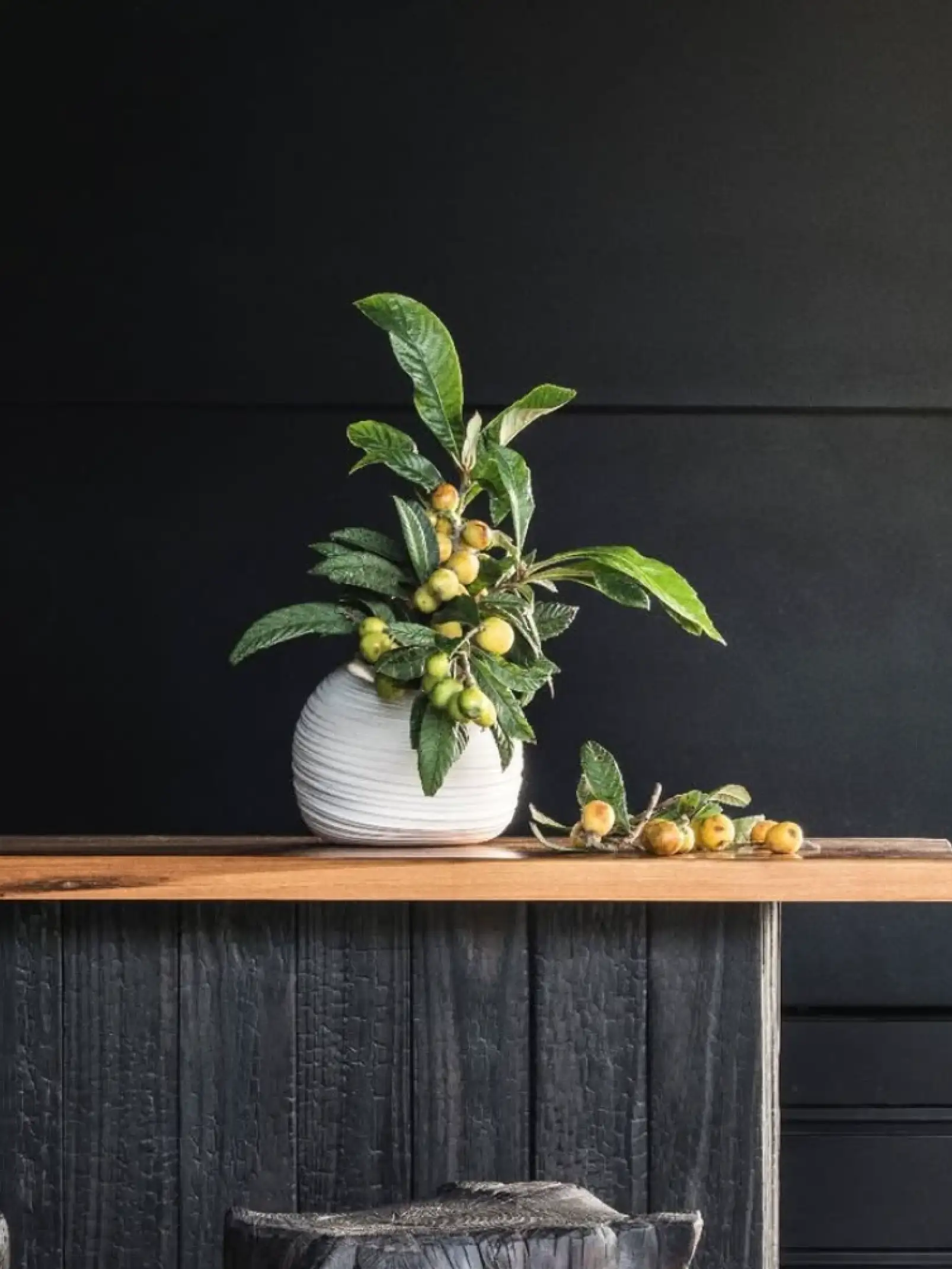 Arreglo con ramas frutales en jarrón blanco sobre fondo negro para proyectos de interiorismo que buscan contraste y elegancia orgánica.
