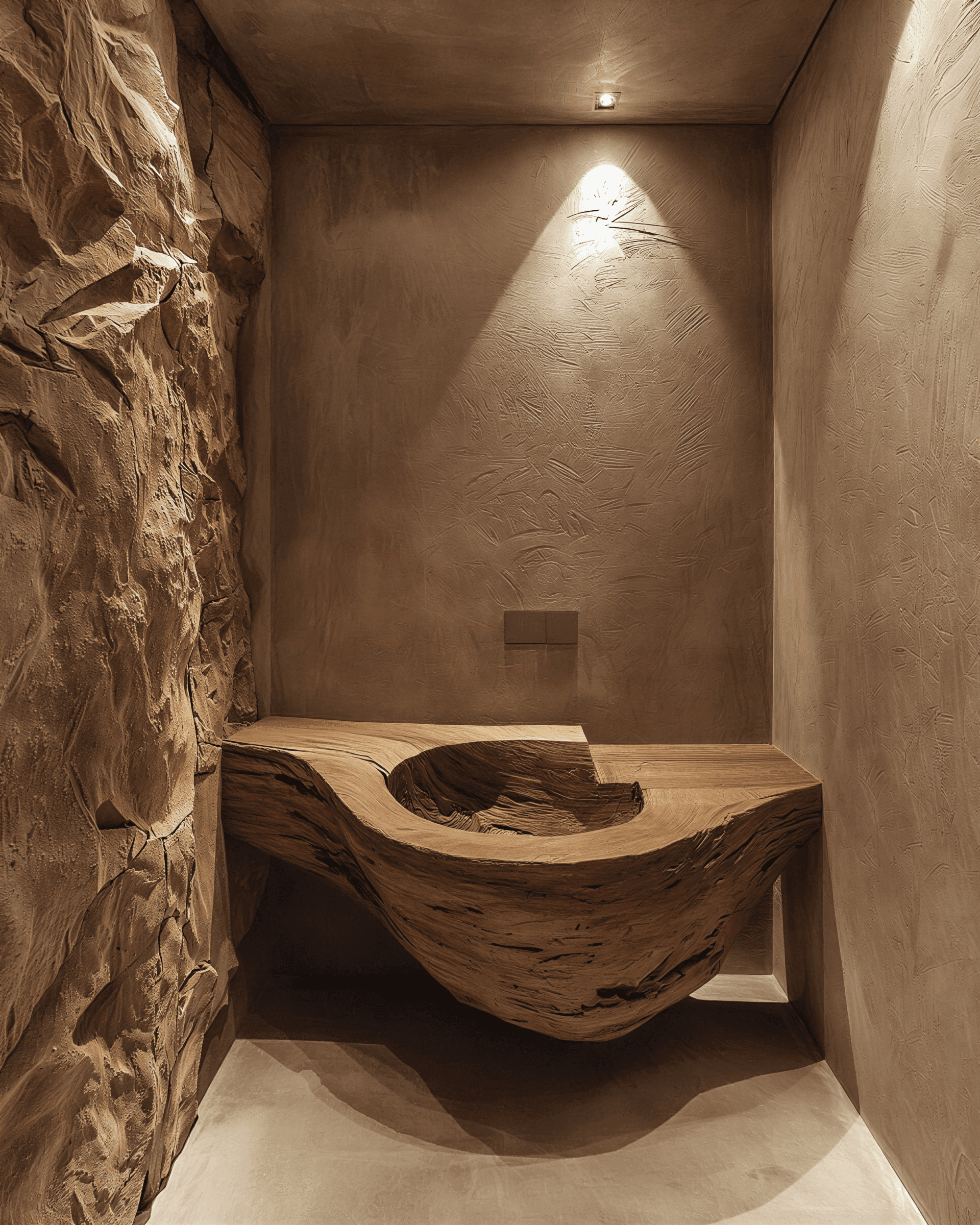 Dramatic bathroom nook with sculptural floating wooden sink, textured plaster walls, natural stone accent wall, and atmospheric lighting