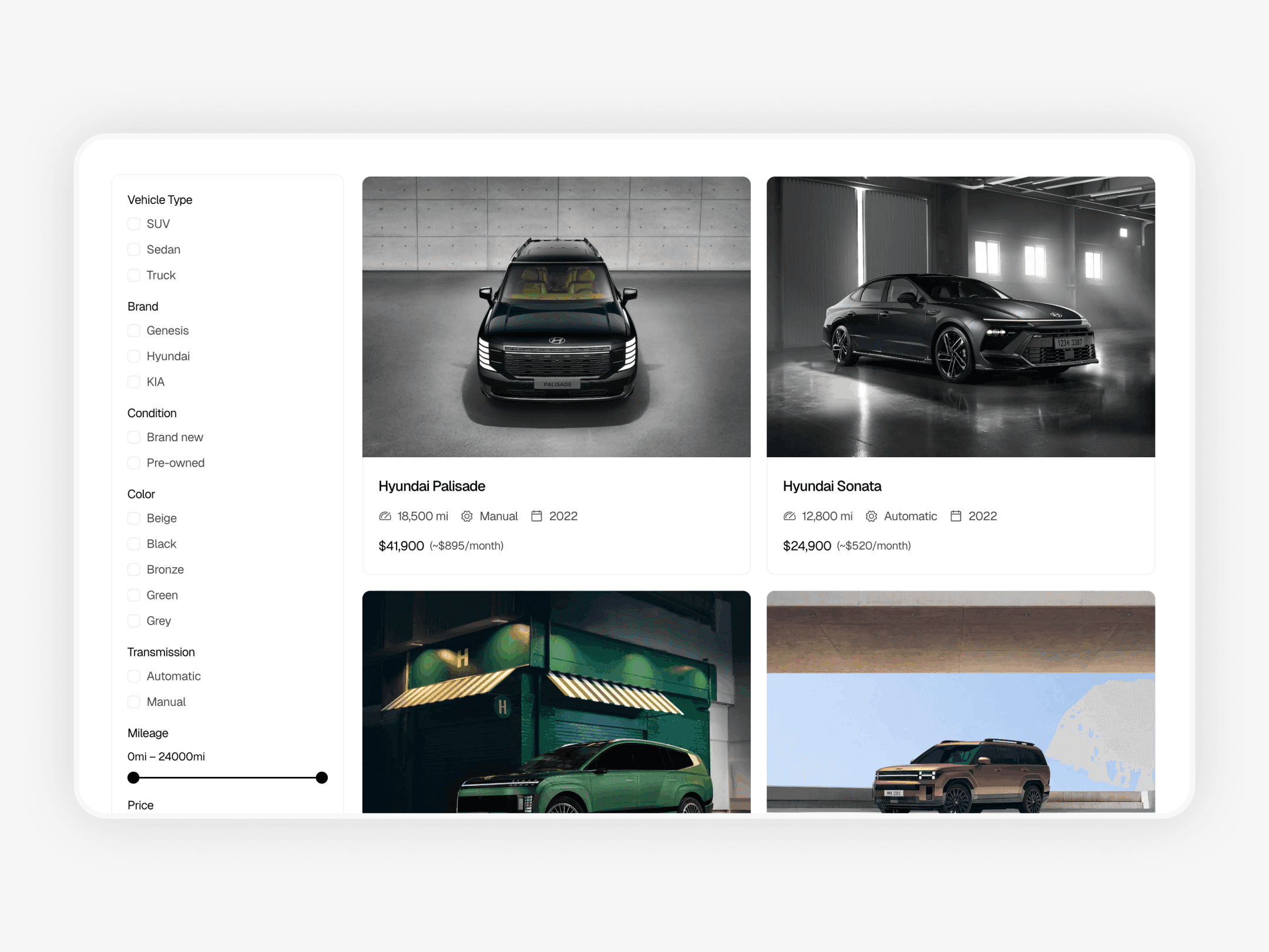 Car dealership website inventory page with vehicle filtering, sorting options, and grid layout for browsing available cars