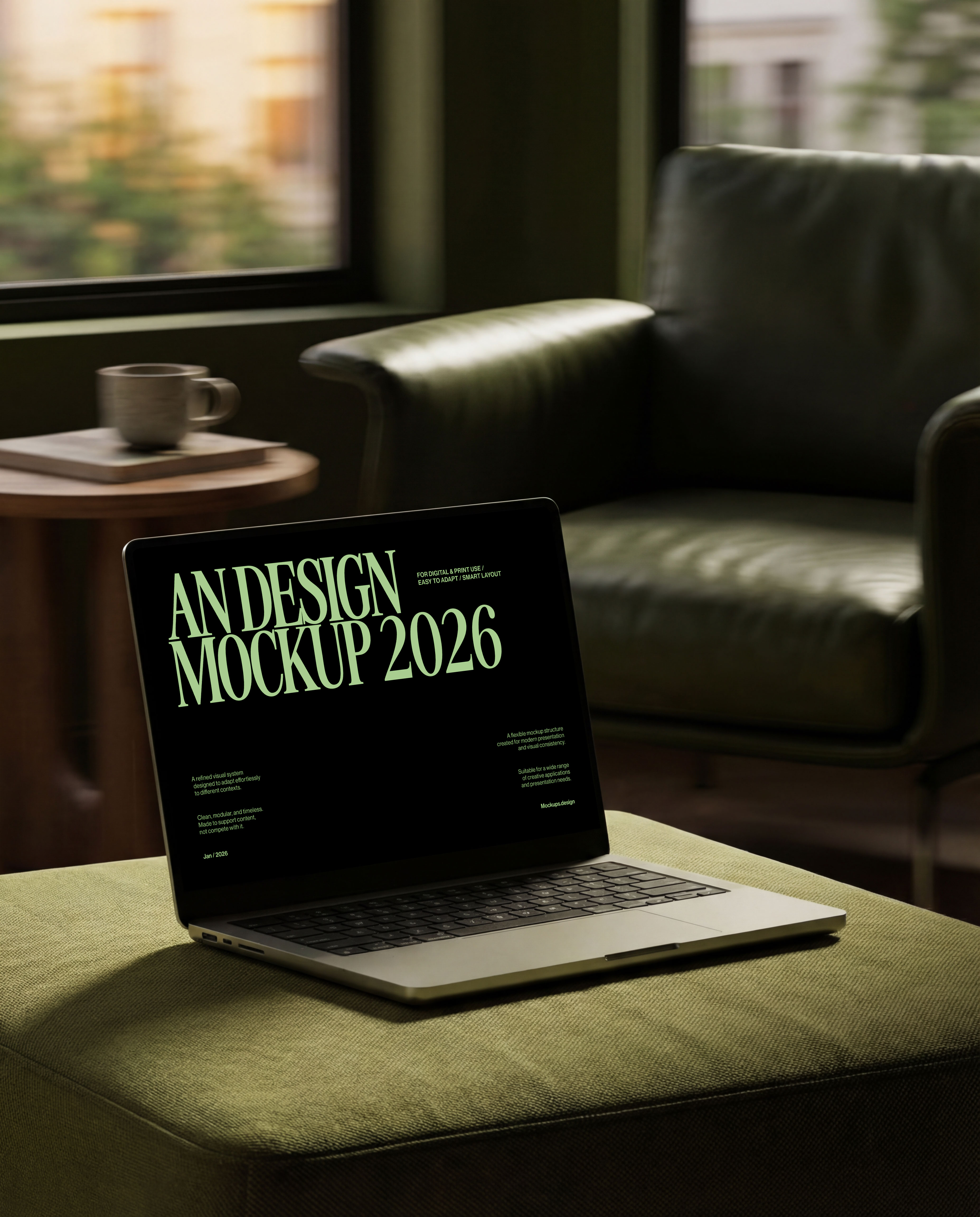 Laptop mockup in sleek office environment, modern presentation